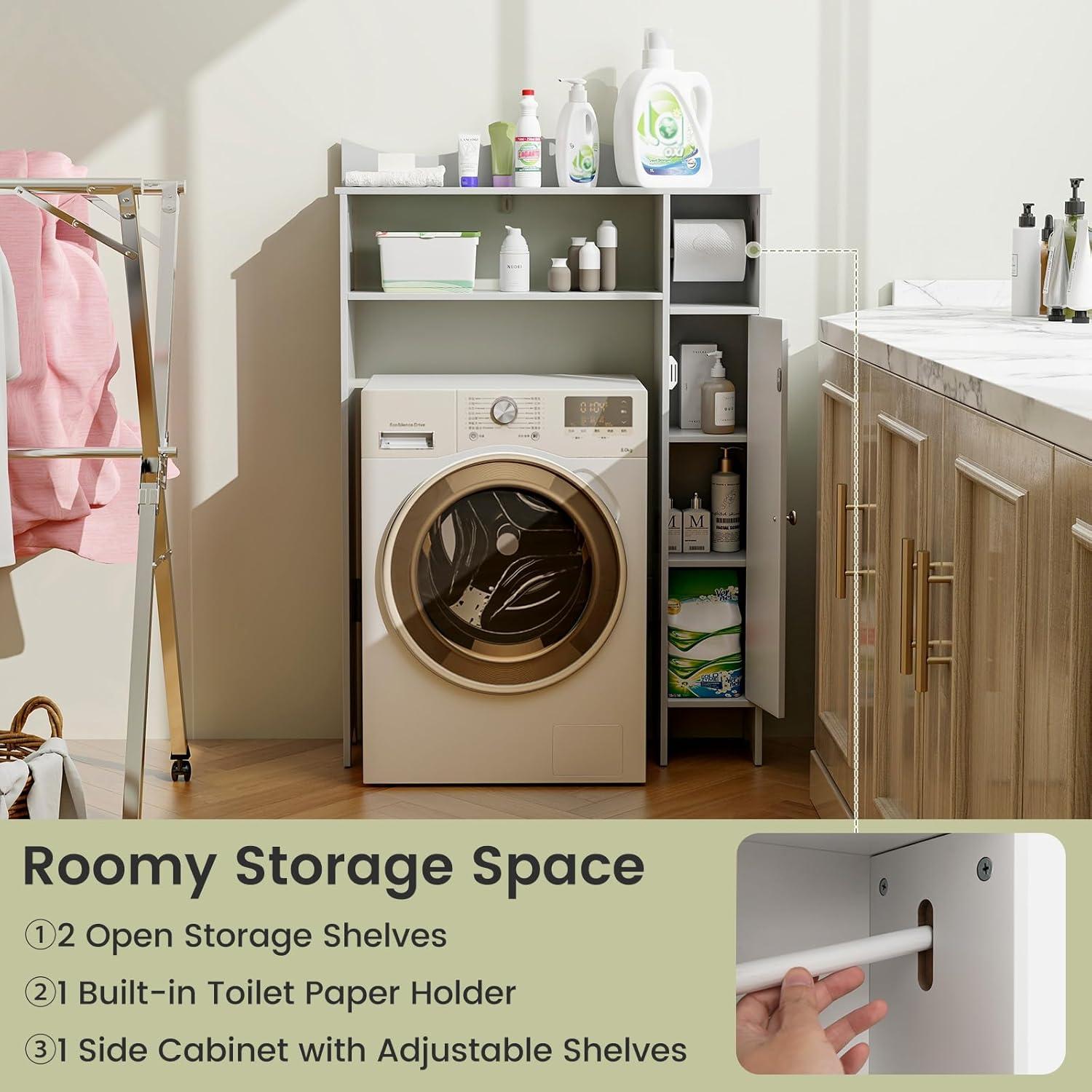image:imageGiantex OverTheToilet Storage Cabinet Bathroom Freestanding Space Saver with 1Door Side Storage Cabinet amp Paper Holder Toilet Rack Organizer Stand for Bathroom Laundry White