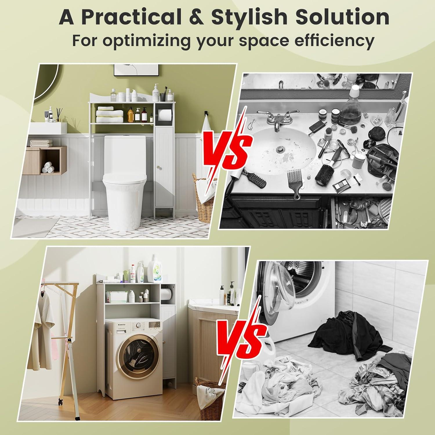 image:imageGiantex OverTheToilet Storage Cabinet Bathroom Freestanding Space Saver with 1Door Side Storage Cabinet amp Paper Holder Toilet Rack Organizer Stand for Bathroom Laundry White