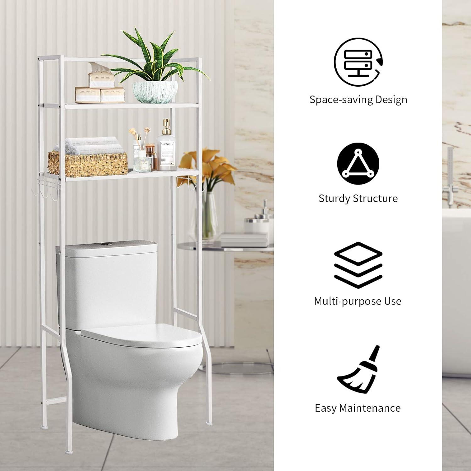 image:imageGiantex OverTheToilet Storage Space Saver Bathroom Metal Spacesaver Rack with 2 Tier Rack Hooks and Adjustable Feet Multifunctional Toilet SpaceSaving Storage