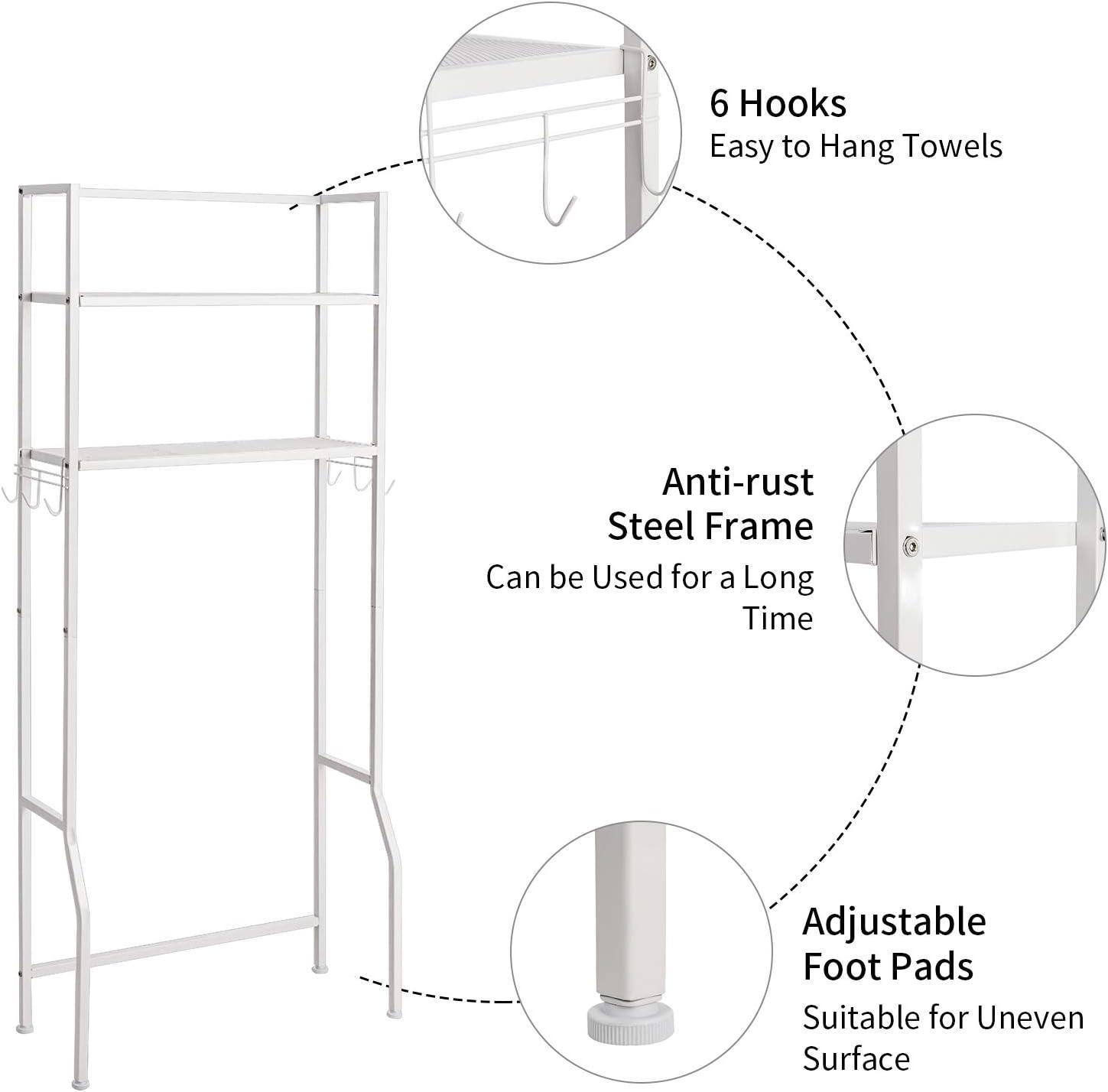 image:imageGiantex OverTheToilet Storage Space Saver Bathroom Metal Spacesaver Rack with 2 Tier Rack Hooks and Adjustable Feet Multifunctional Toilet SpaceSaving Storage