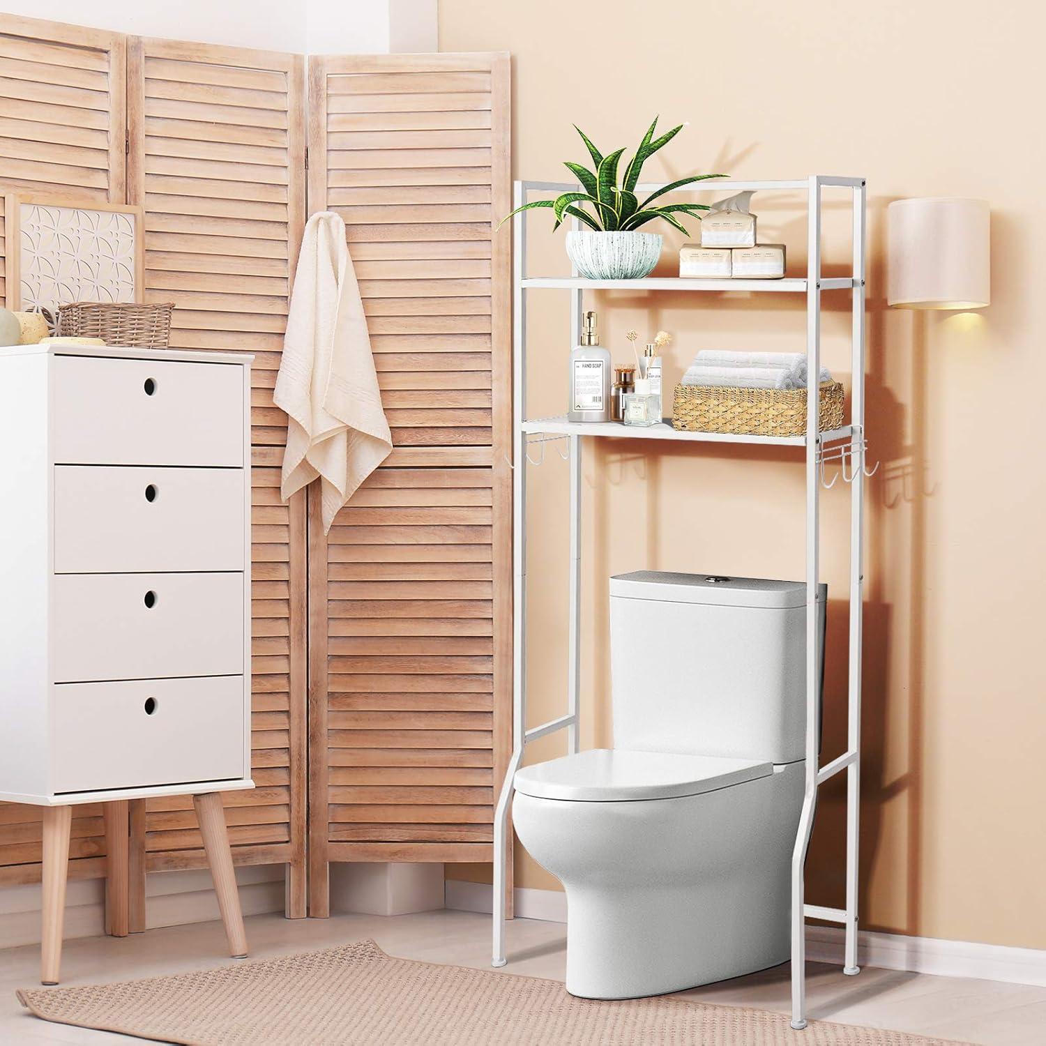 image:imageGiantex OverTheToilet Storage Space Saver Bathroom Metal Spacesaver Rack with 2 Tier Rack Hooks and Adjustable Feet Multifunctional Toilet SpaceSaving Storage