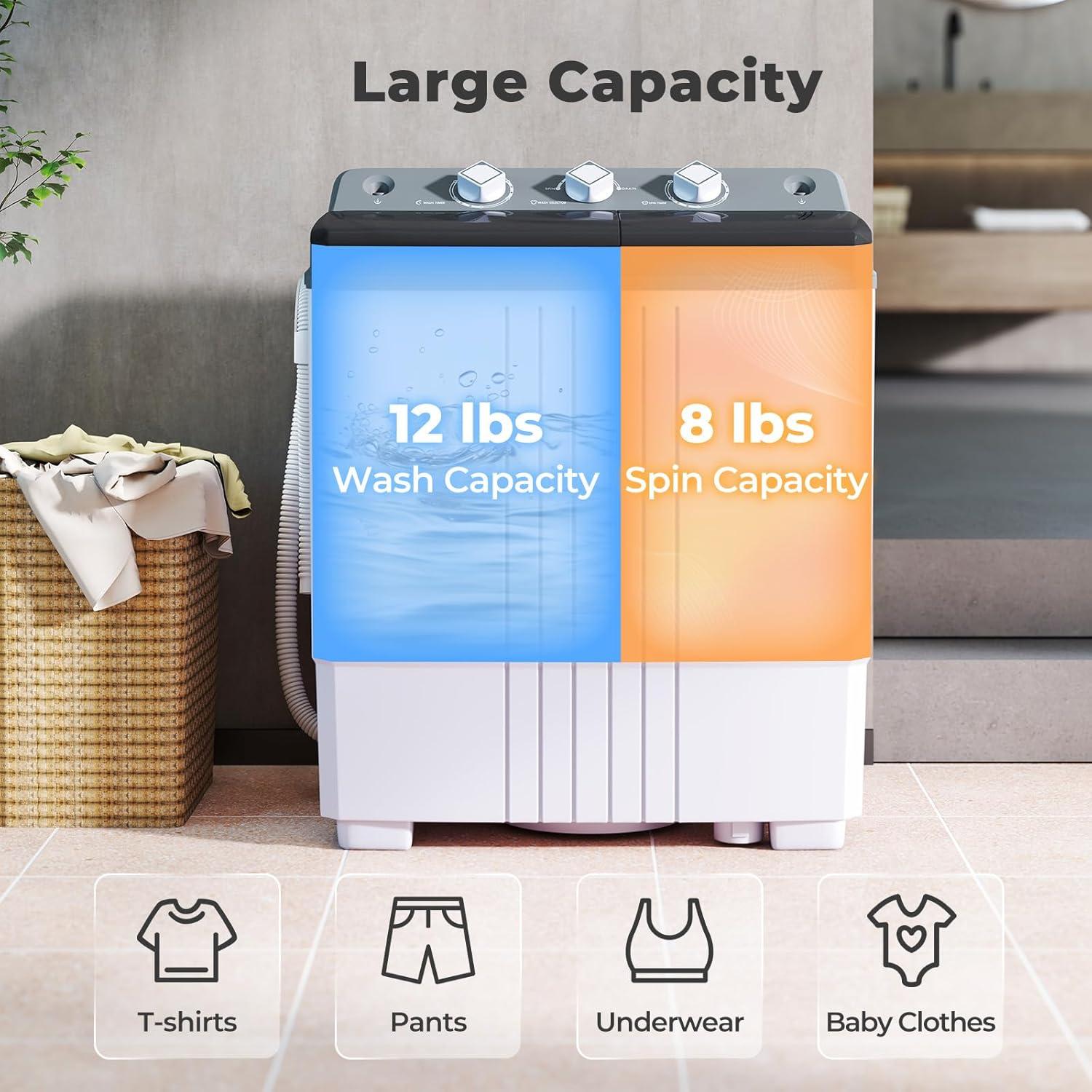 image:imageGiantex Portable Washing Machine 20lbs Capacity 12lbs Washer and 8lbs Spinner Compact for Apartment RV Gray amp White GX20313PEGreyWhite