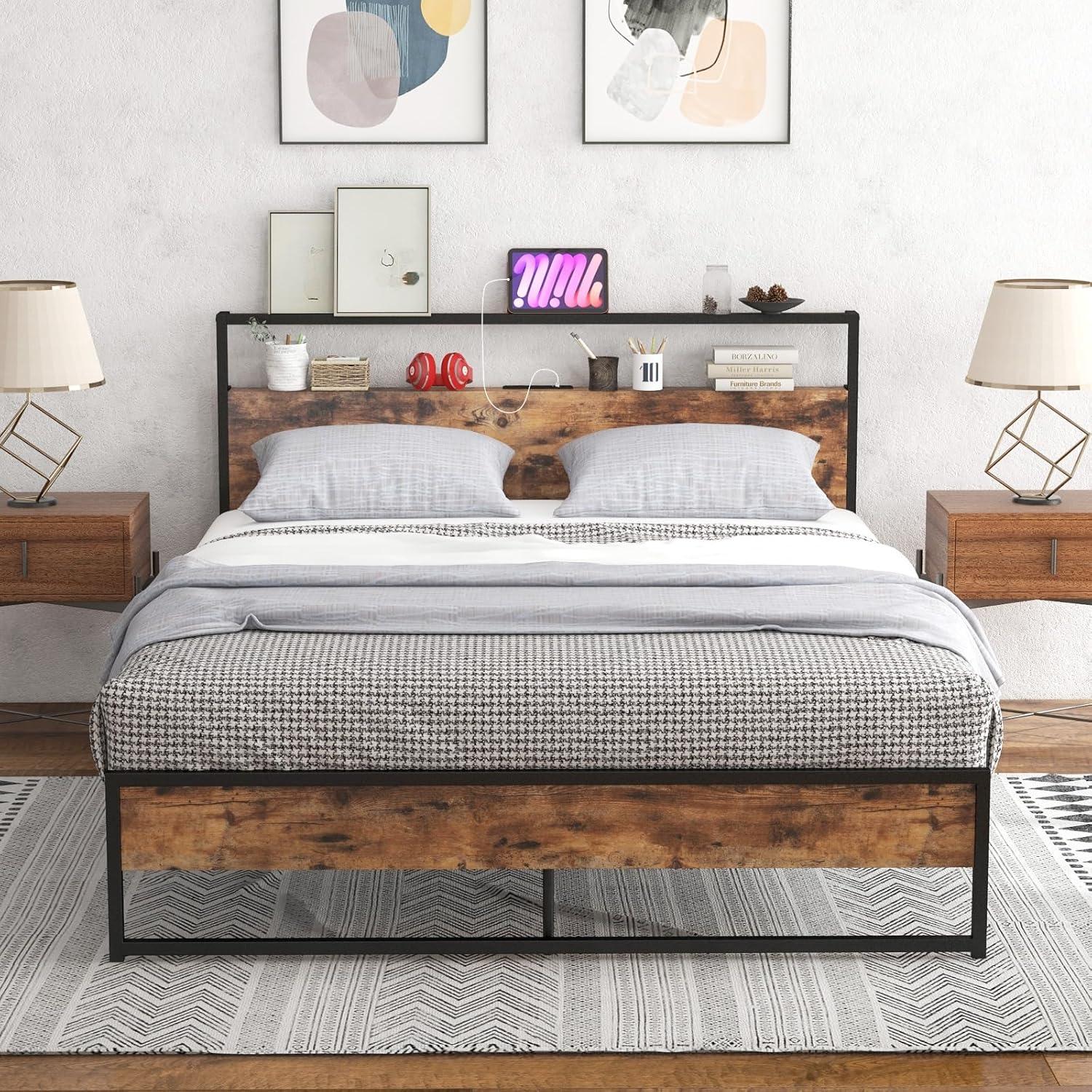 image:imageGiantex Queen Bed Frame with LED Lights Headboard and 4 Storage Drawers Metal Platform Bed with Outlets and USB Ports Charging Station Smart LED Bed Frame Easy Assembly No Box Spring NeededQueen