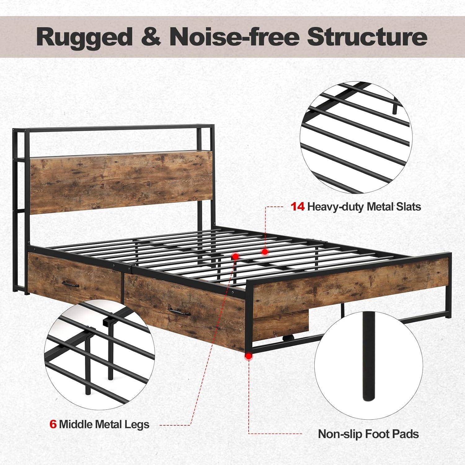 image:imageGiantex Queen Bed Frame with LED Lights Headboard and 4 Storage Drawers Metal Platform Bed with Outlets and USB Ports Charging Station Smart LED Bed Frame Easy Assembly No Box Spring NeededFull
