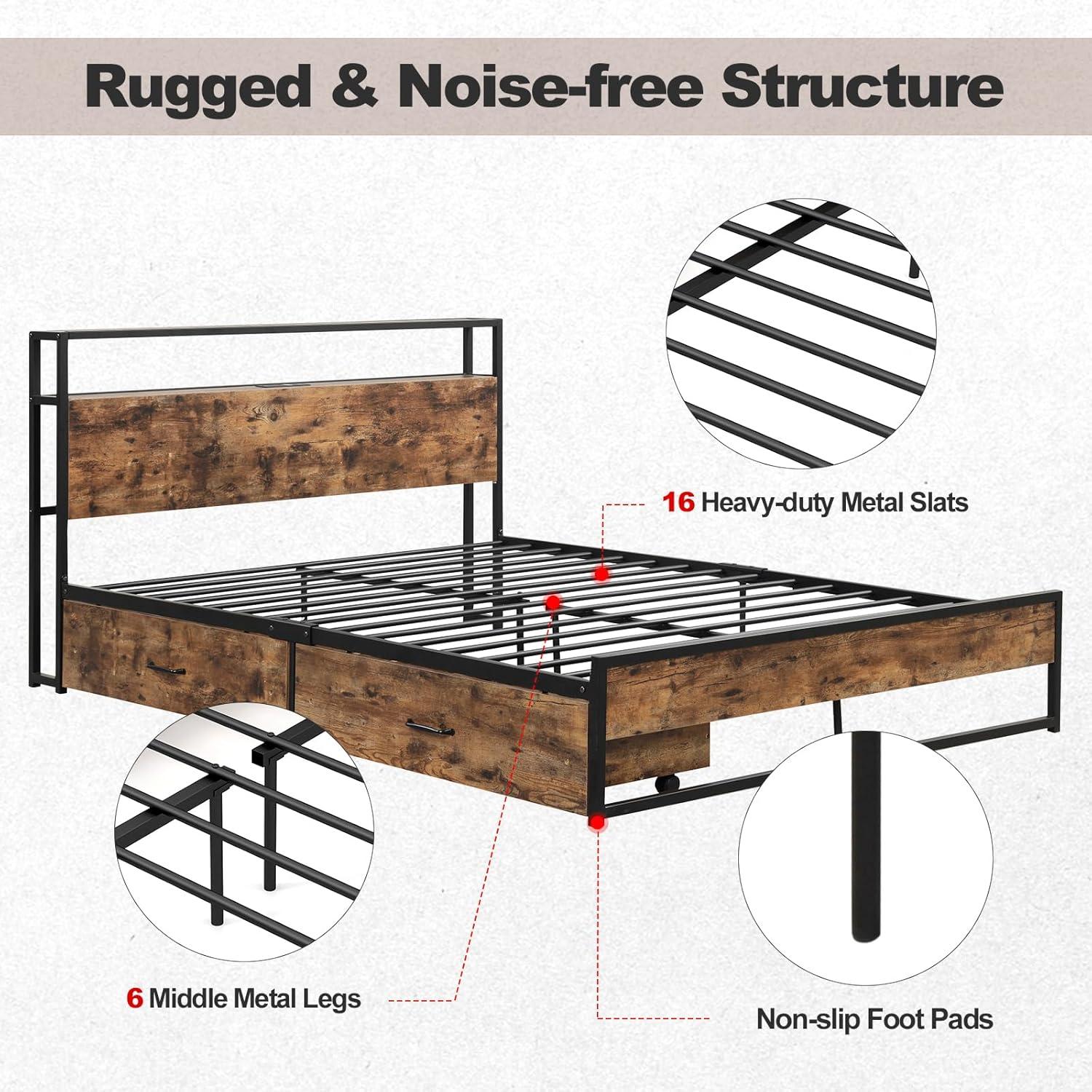 image:imageGiantex Queen Bed Frame with LED Lights Headboard and 4 Storage Drawers Metal Platform Bed with Outlets and USB Ports Charging Station Smart LED Bed Frame Easy Assembly No Box Spring NeededQueen