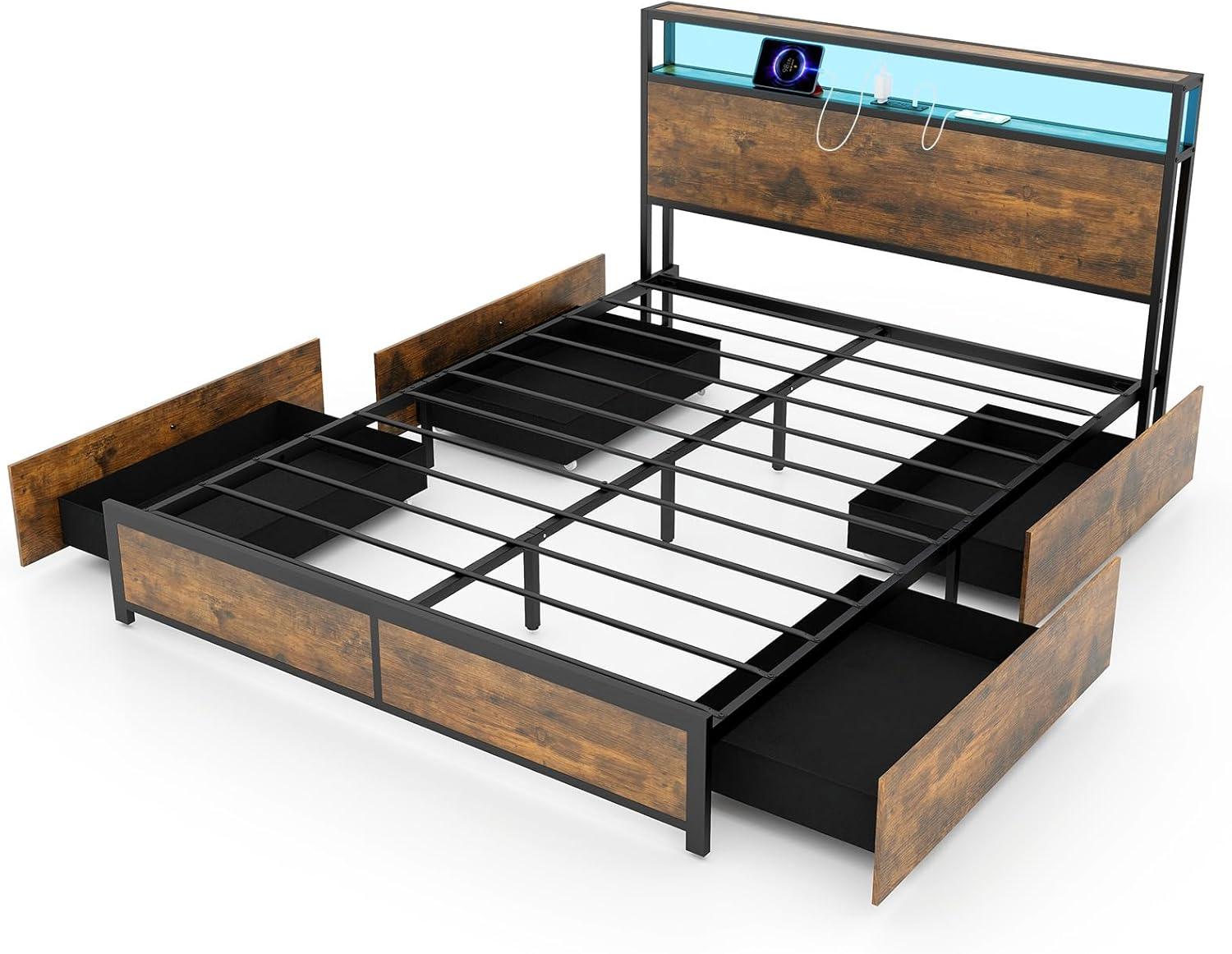 image:imageGiantex Queen Bed Frame with LED Lights Headboard and 4 Storage Drawers Metal Platform Bed with Outlets and USB Ports Charging Station Smart LED Bed Frame Easy Assembly No Box Spring NeededQueen