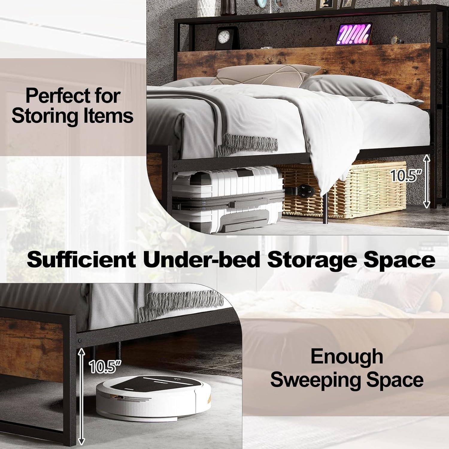 image:imageGiantex Queen Bed Frame with LED Lights Headboard and 4 Storage Drawers Metal Platform Bed with Outlets and USB Ports Charging Station Smart LED Bed Frame Easy Assembly No Box Spring NeededQueen