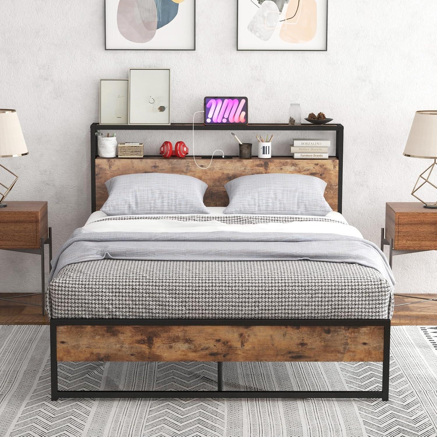 image:imageGiantex Queen Bed Frame with LED Lights Headboard and 4 Storage Drawers Metal Platform Bed with Outlets and USB Ports Charging Station Smart LED Bed Frame Easy Assembly No Box Spring NeededFull
