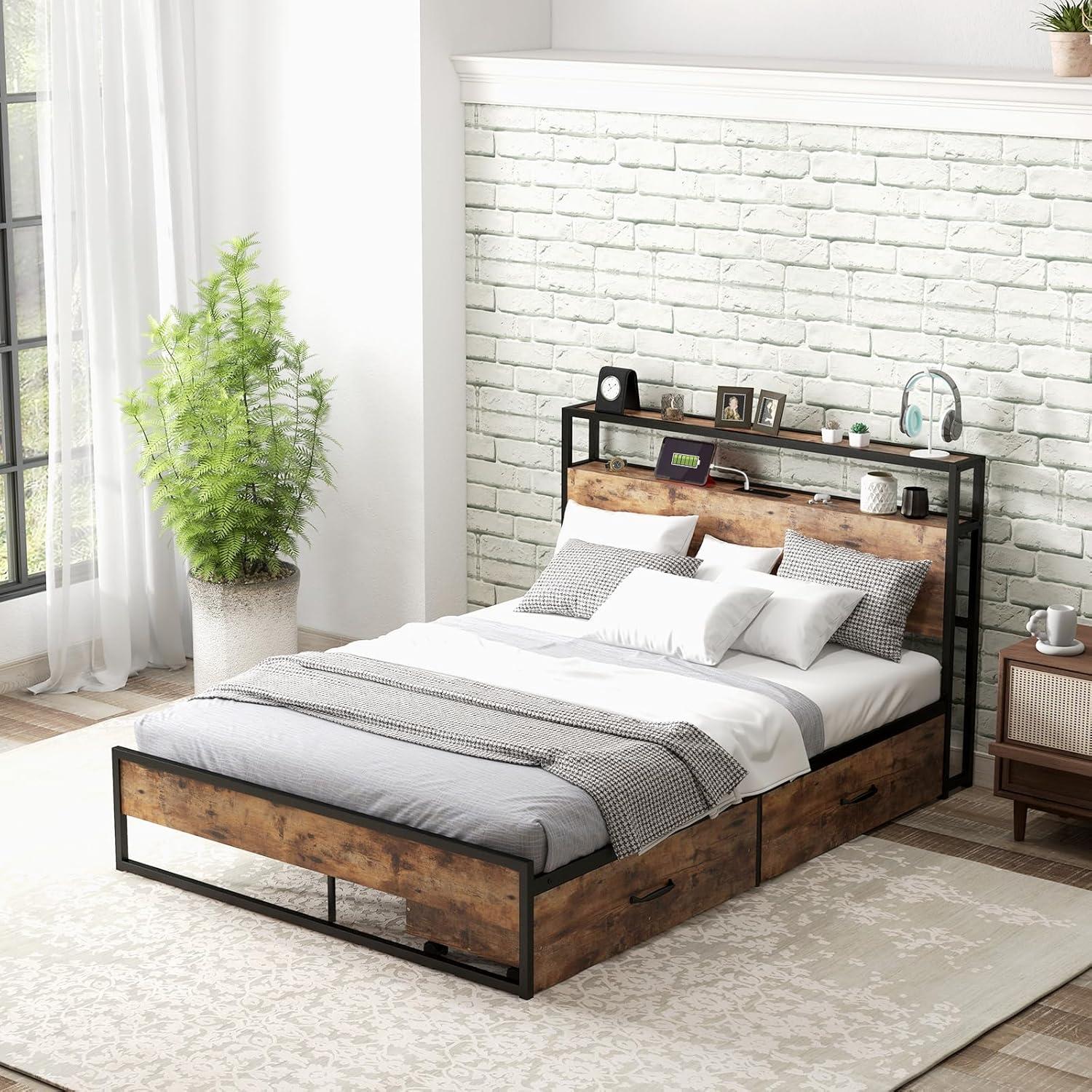 image:imageGiantex Queen Bed Frame with LED Lights Headboard and 4 Storage Drawers Metal Platform Bed with Outlets and USB Ports Charging Station Smart LED Bed Frame Easy Assembly No Box Spring NeededFull