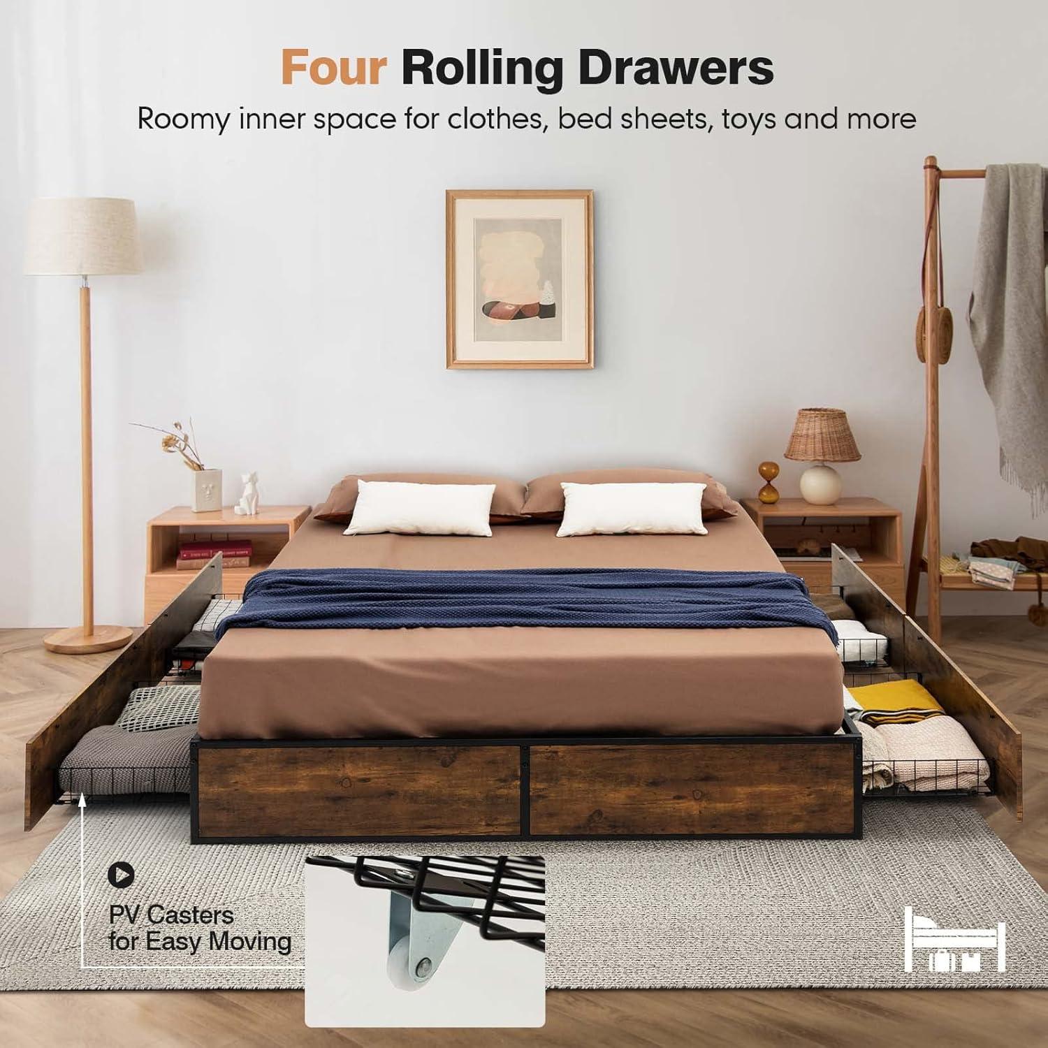 image:imageGiantex Queen Bed Frame with LED Lights Headboard and 4 Storage Drawers Metal Platform Bed with Outlets and USB Ports Charging Station Smart LED Bed Frame Easy Assembly No Box Spring NeededFull