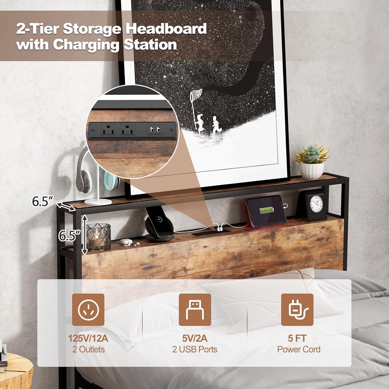 image:imageGiantex Queen Bed Frame with LED Lights Headboard and 4 Storage Drawers Metal Platform Bed with Outlets and USB Ports Charging Station Smart LED Bed Frame Easy Assembly No Box Spring NeededFull