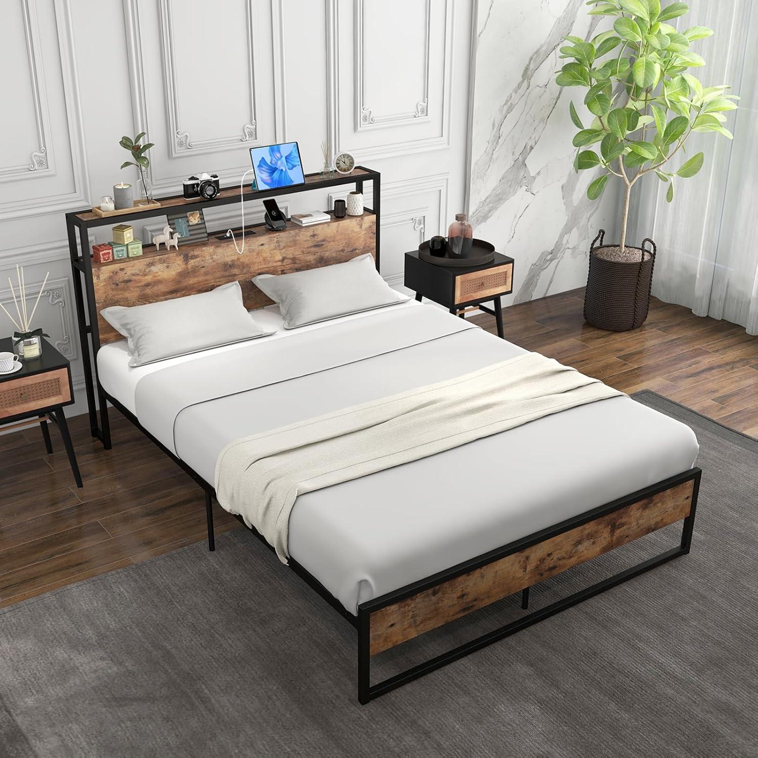 image:imageGiantex Queen Bed Frame with LED Lights Headboard and 4 Storage Drawers Metal Platform Bed with Outlets and USB Ports Charging Station Smart LED Bed Frame Easy Assembly No Box Spring NeededFull