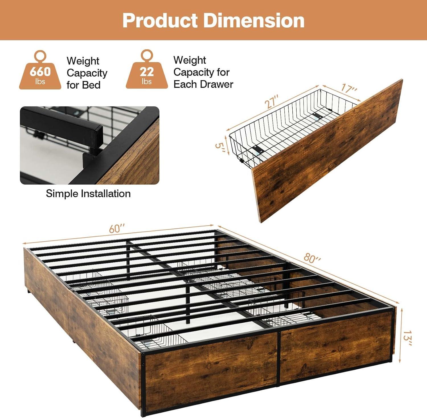 image:imageGiantex Queen Bed Frame with LED Lights Headboard and 4 Storage Drawers Metal Platform Bed with Outlets and USB Ports Charging Station Smart LED Bed Frame Easy Assembly No Box Spring NeededQueen