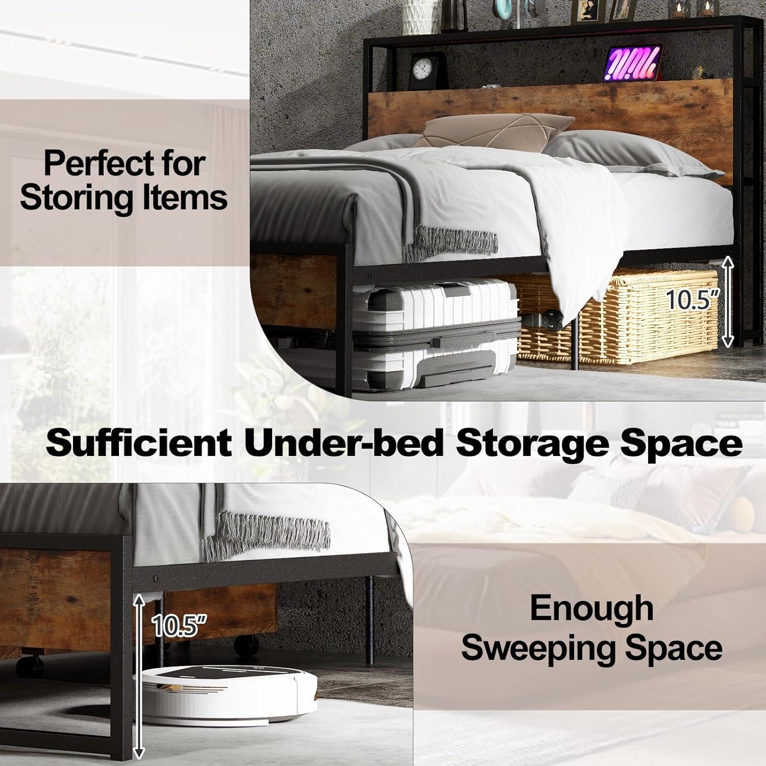 image:imageGiantex Queen Bed Frame with LED Lights Headboard and 4 Storage Drawers Metal Platform Bed with Outlets and USB Ports Charging Station Smart LED Bed Frame Easy Assembly No Box Spring NeededFull