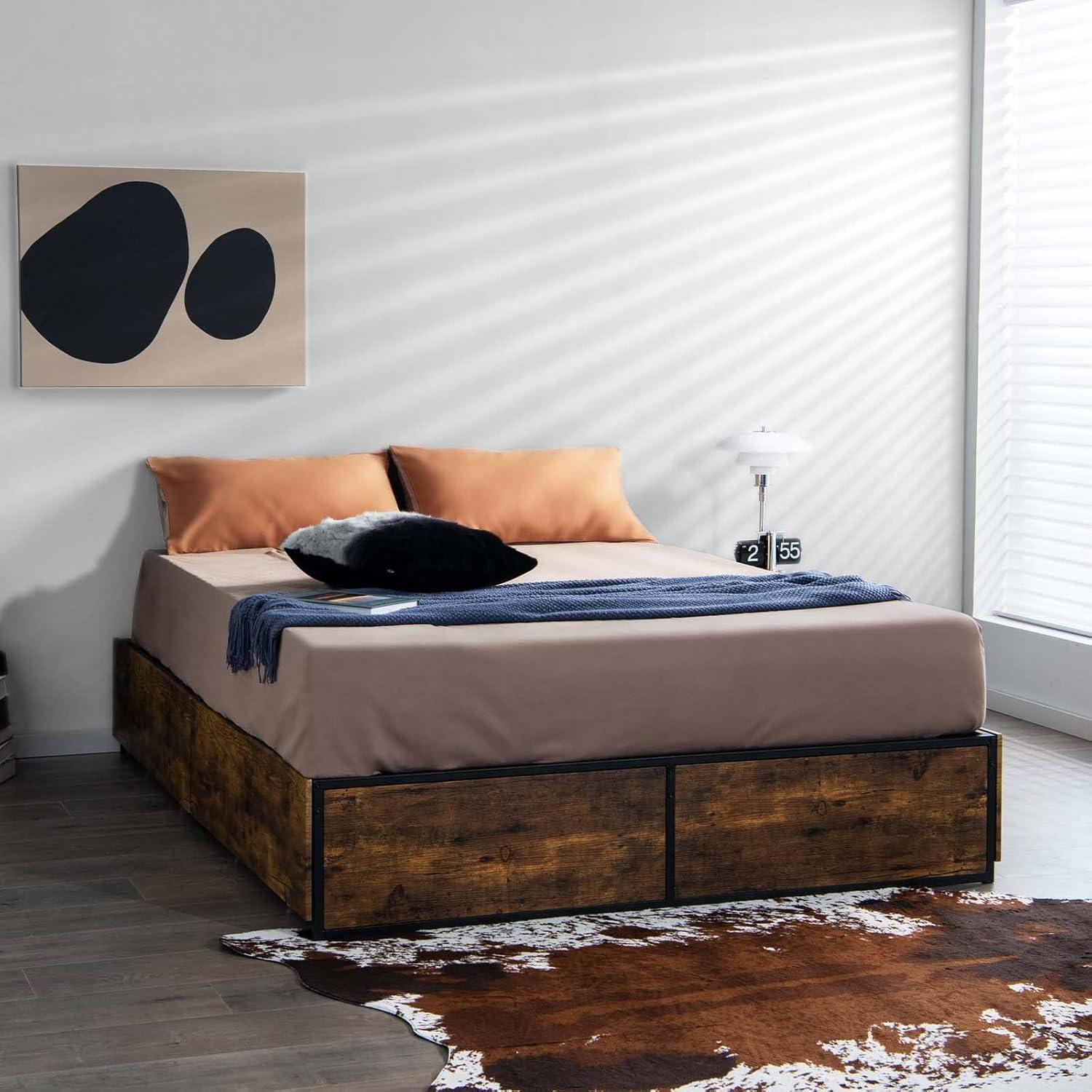 image:imageGiantex Queen Bed Frame with LED Lights Headboard and 4 Storage Drawers Metal Platform Bed with Outlets and USB Ports Charging Station Smart LED Bed Frame Easy Assembly No Box Spring NeededQueen