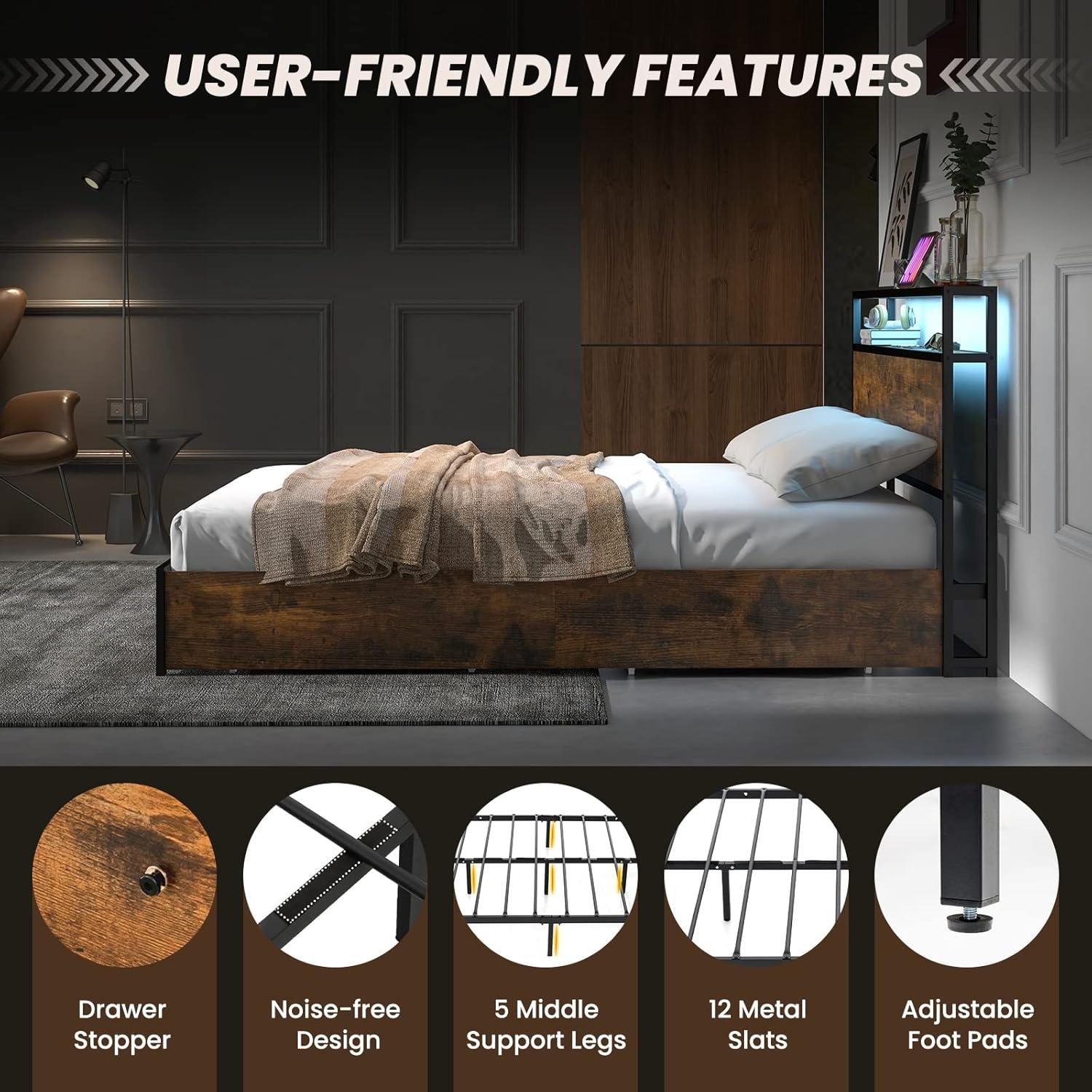 image:imageGiantex Queen Bed Frame with LED Lights Headboard and 4 Storage Drawers Metal Platform Bed with Outlets and USB Ports Charging Station Smart LED Bed Frame Easy Assembly No Box Spring NeededFull