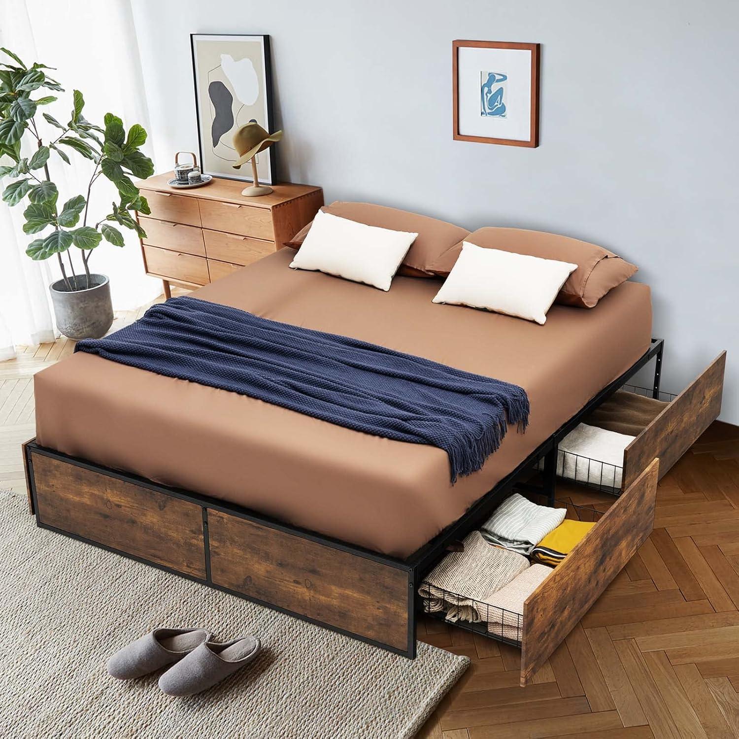 image:imageGiantex Queen Bed Frame with LED Lights Headboard and 4 Storage Drawers Metal Platform Bed with Outlets and USB Ports Charging Station Smart LED Bed Frame Easy Assembly No Box Spring NeededQueen