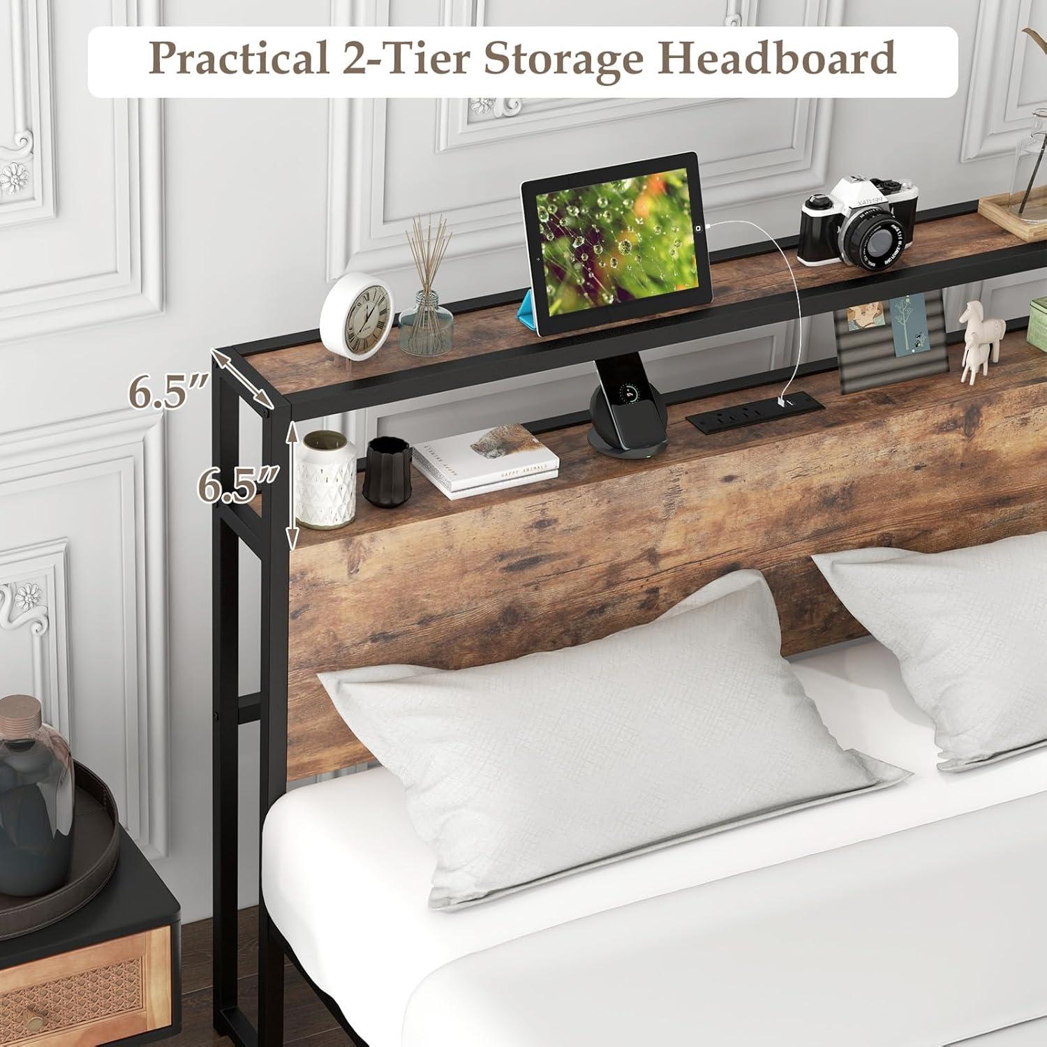 image:imageGiantex Queen Bed Frame with LED Lights Headboard and 4 Storage Drawers Metal Platform Bed with Outlets and USB Ports Charging Station Smart LED Bed Frame Easy Assembly No Box Spring NeededFull