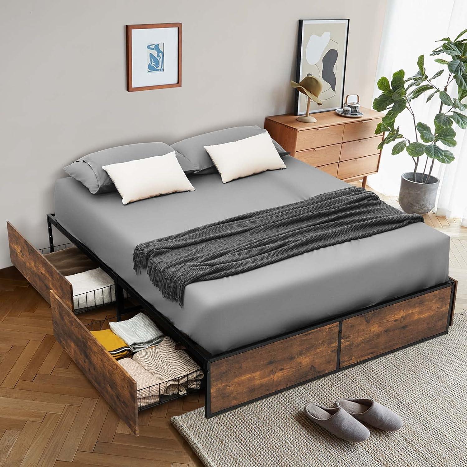 image:imageGiantex Queen Bed Frame with LED Lights Headboard and 4 Storage Drawers Metal Platform Bed with Outlets and USB Ports Charging Station Smart LED Bed Frame Easy Assembly No Box Spring NeededFull