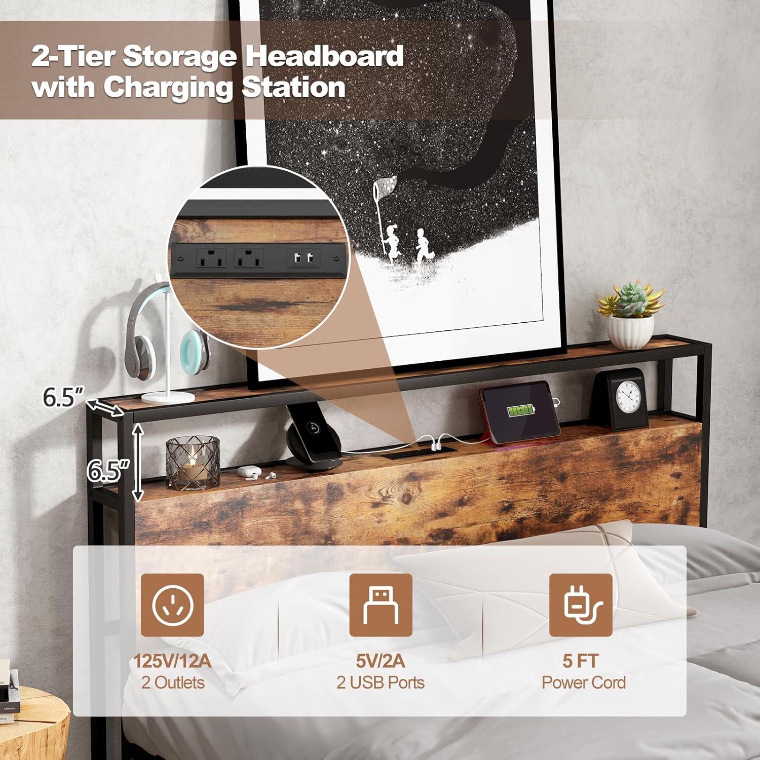 image:imageGiantex Queen Bed Frame with LED Lights Headboard and 4 Storage Drawers Metal Platform Bed with Outlets and USB Ports Charging Station Smart LED Bed Frame Easy Assembly No Box Spring NeededQueen