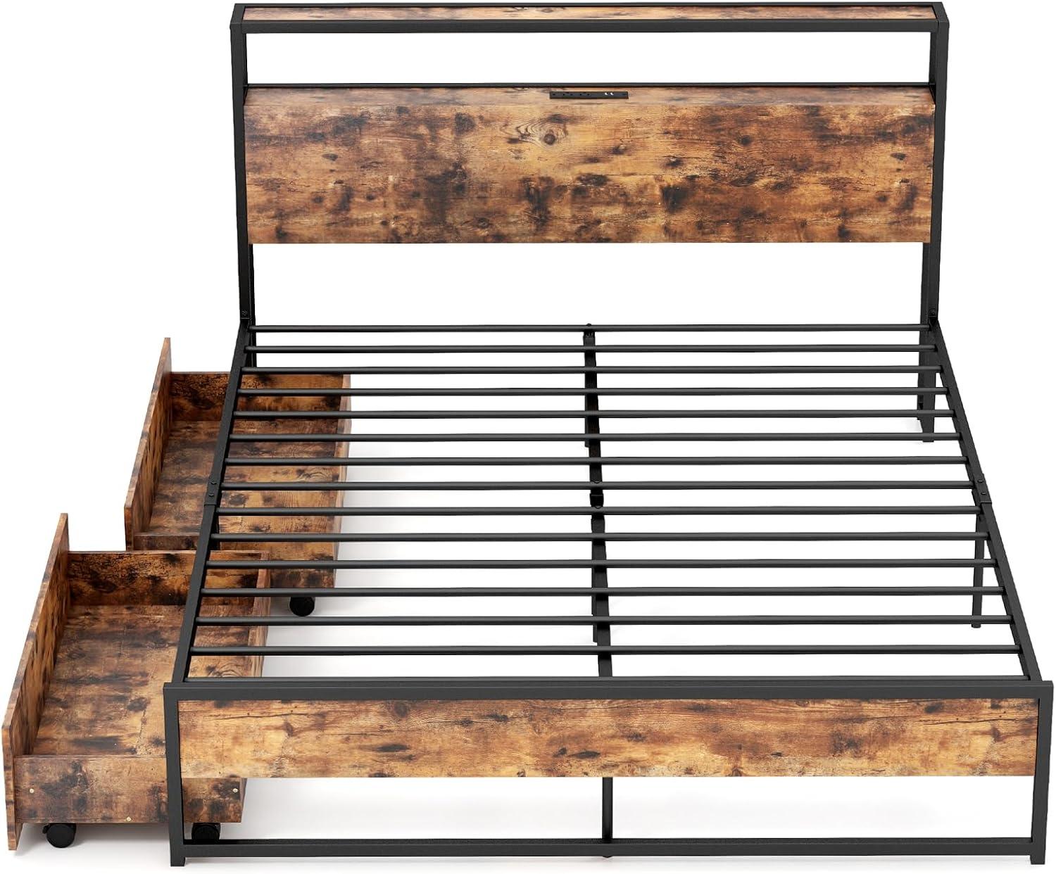 image:imageGiantex Queen Bed Frame with LED Lights Headboard and 4 Storage Drawers Metal Platform Bed with Outlets and USB Ports Charging Station Smart LED Bed Frame Easy Assembly No Box Spring NeededQueen