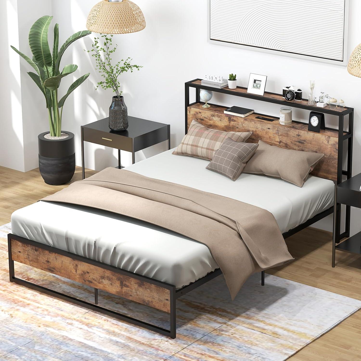 image:imageGiantex Queen Bed Frame with LED Lights Headboard and 4 Storage Drawers Metal Platform Bed with Outlets and USB Ports Charging Station Smart LED Bed Frame Easy Assembly No Box Spring NeededFull