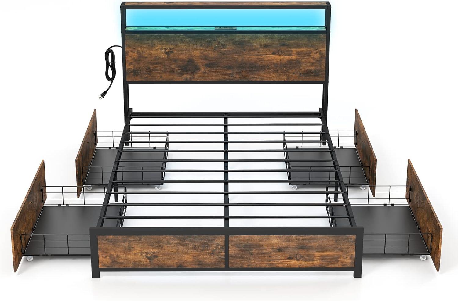 image:imageGiantex Queen Bed Frame with LED Lights Headboard and 4 Storage Drawers Metal Platform Bed with Outlets and USB Ports Charging Station Smart LED Bed Frame Easy Assembly No Box Spring NeededFull