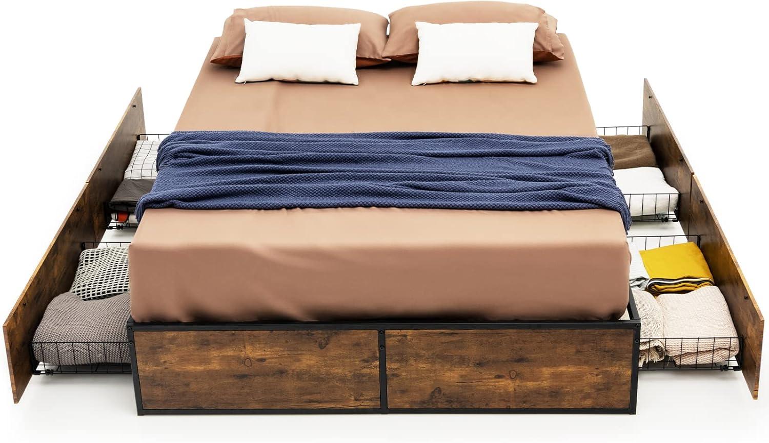 image:imageGiantex Queen Bed Frame with LED Lights Headboard and 4 Storage Drawers Metal Platform Bed with Outlets and USB Ports Charging Station Smart LED Bed Frame Easy Assembly No Box Spring NeededFull