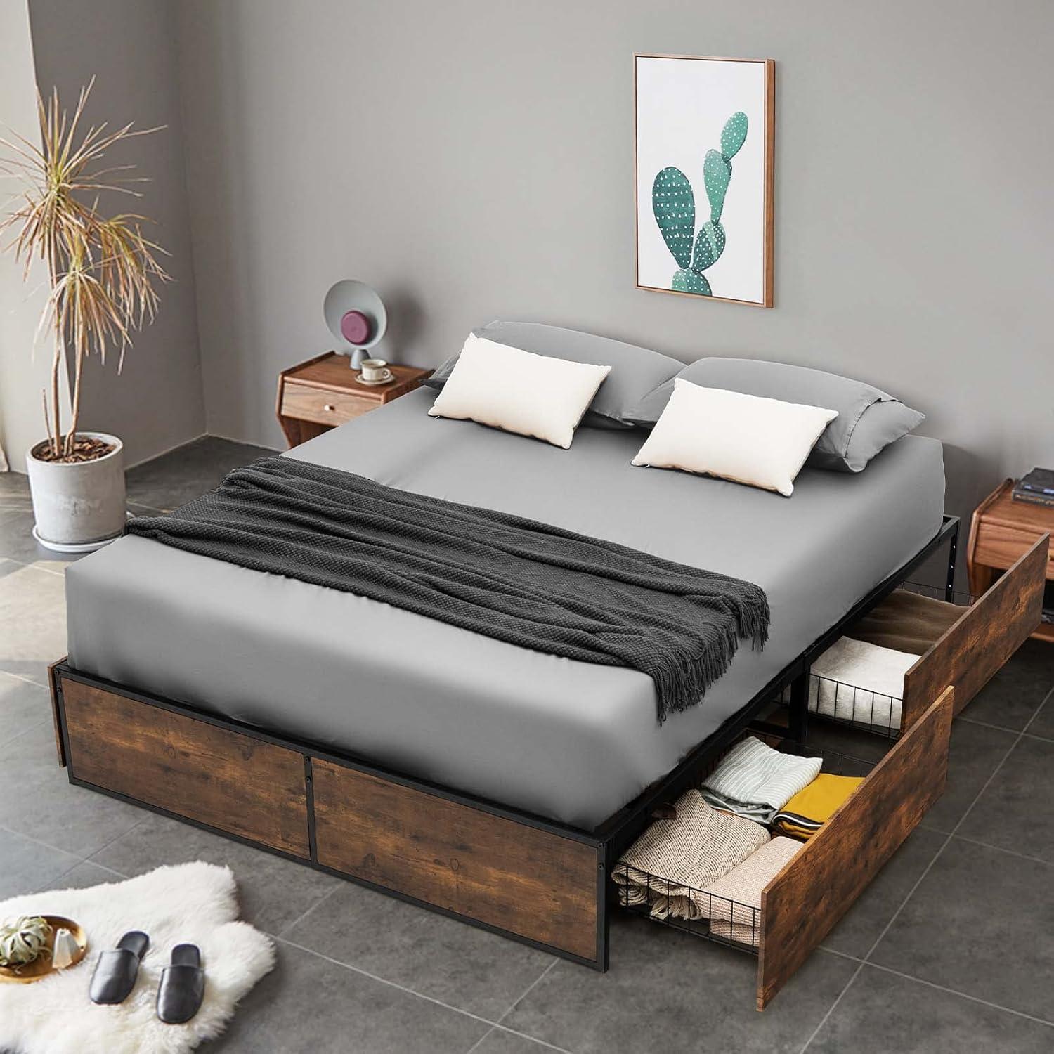 image:imageGiantex Queen Bed Frame with LED Lights Headboard and 4 Storage Drawers Metal Platform Bed with Outlets and USB Ports Charging Station Smart LED Bed Frame Easy Assembly No Box Spring NeededFull