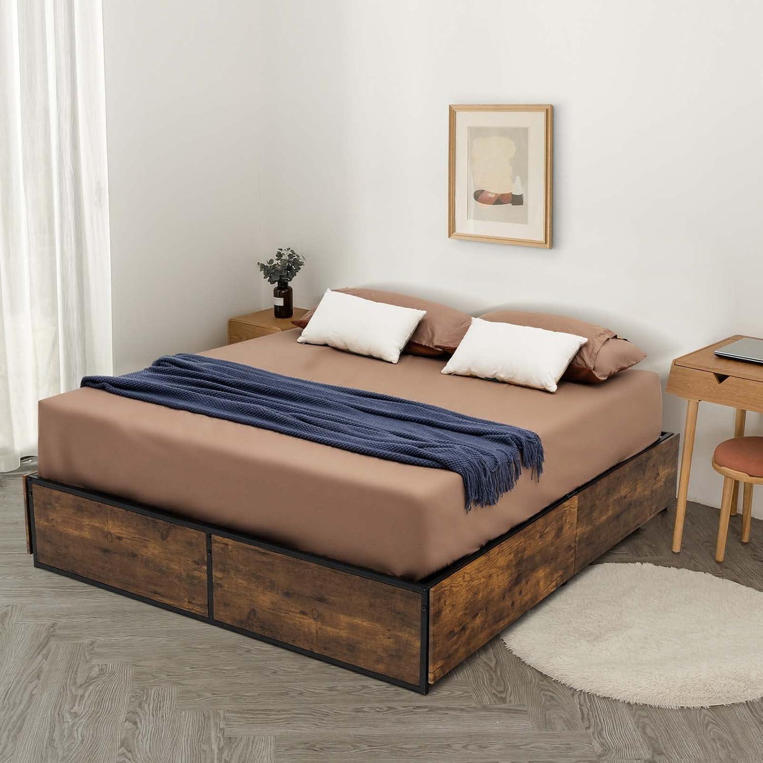 image:imageGiantex Queen Bed Frame with LED Lights Headboard and 4 Storage Drawers Metal Platform Bed with Outlets and USB Ports Charging Station Smart LED Bed Frame Easy Assembly No Box Spring NeededFull