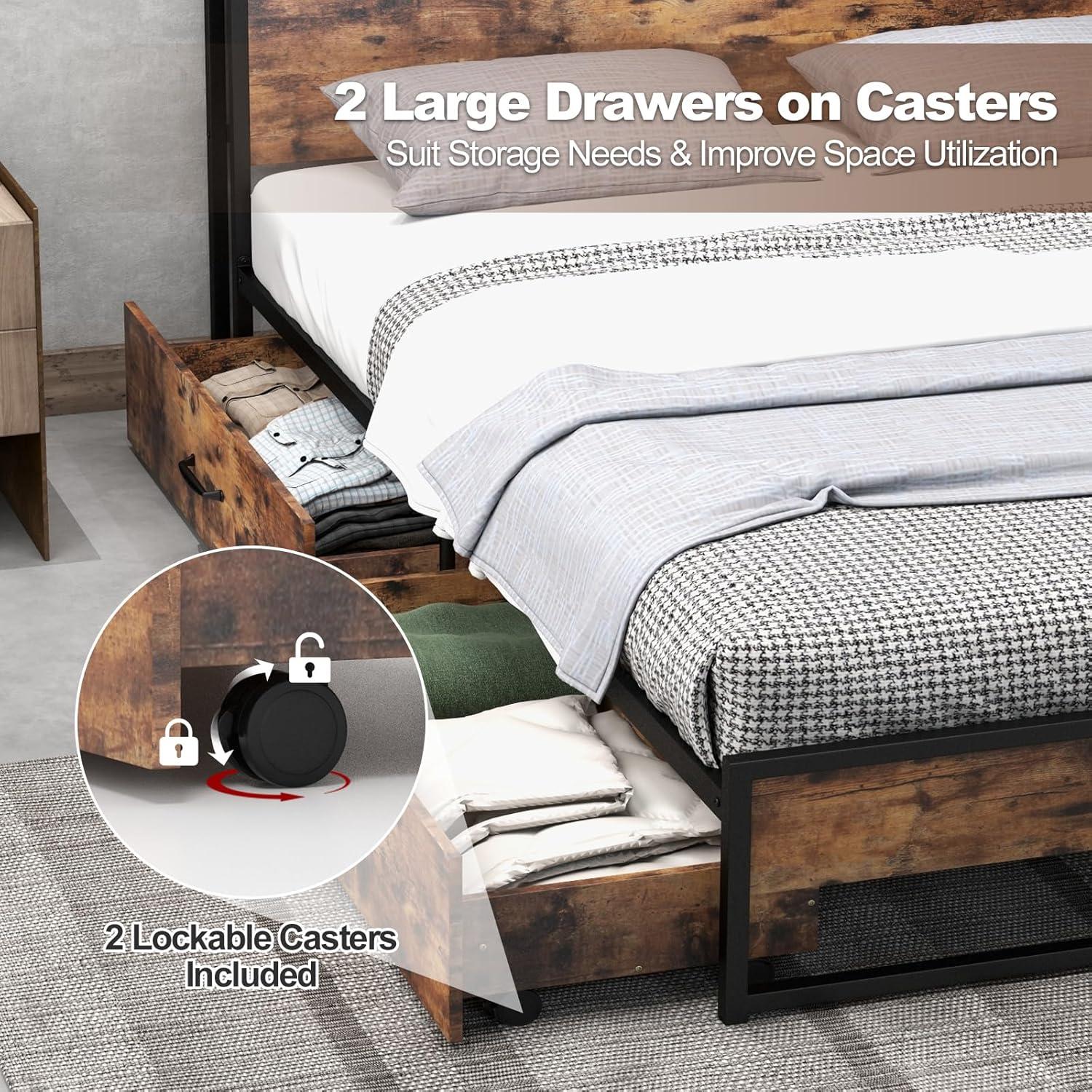 image:imageGiantex Queen Bed Frame with LED Lights Headboard and 4 Storage Drawers Metal Platform Bed with Outlets and USB Ports Charging Station Smart LED Bed Frame Easy Assembly No Box Spring NeededQueen