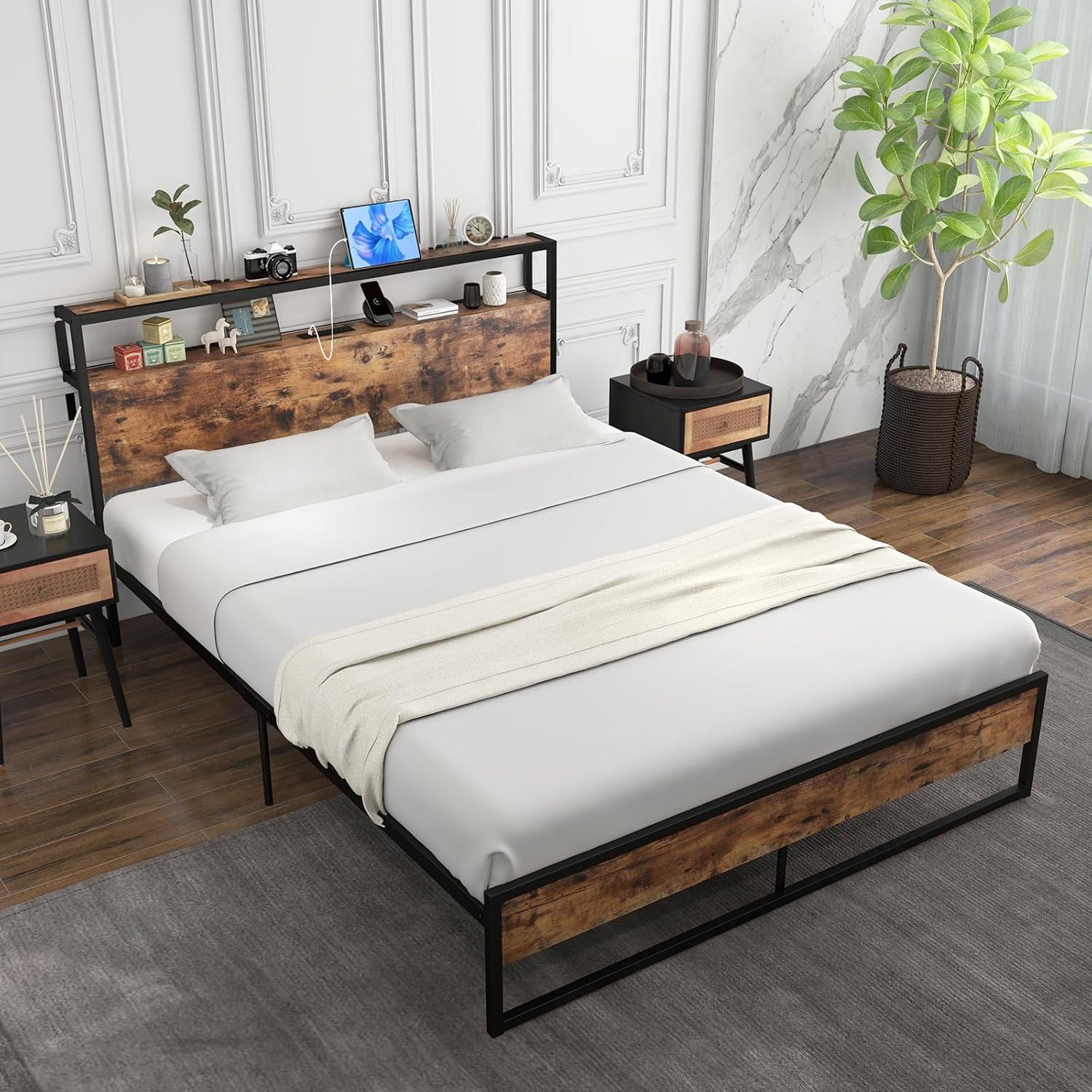 image:imageGiantex Queen Bed Frame with LED Lights Headboard and 4 Storage Drawers Metal Platform Bed with Outlets and USB Ports Charging Station Smart LED Bed Frame Easy Assembly No Box Spring NeededQueen
