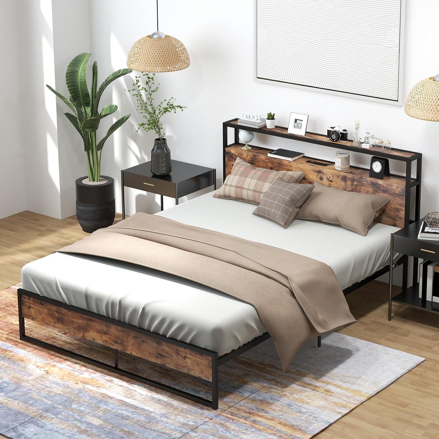 image:imageGiantex Queen Bed Frame with LED Lights Headboard and 4 Storage Drawers Metal Platform Bed with Outlets and USB Ports Charging Station Smart LED Bed Frame Easy Assembly No Box Spring NeededQueen
