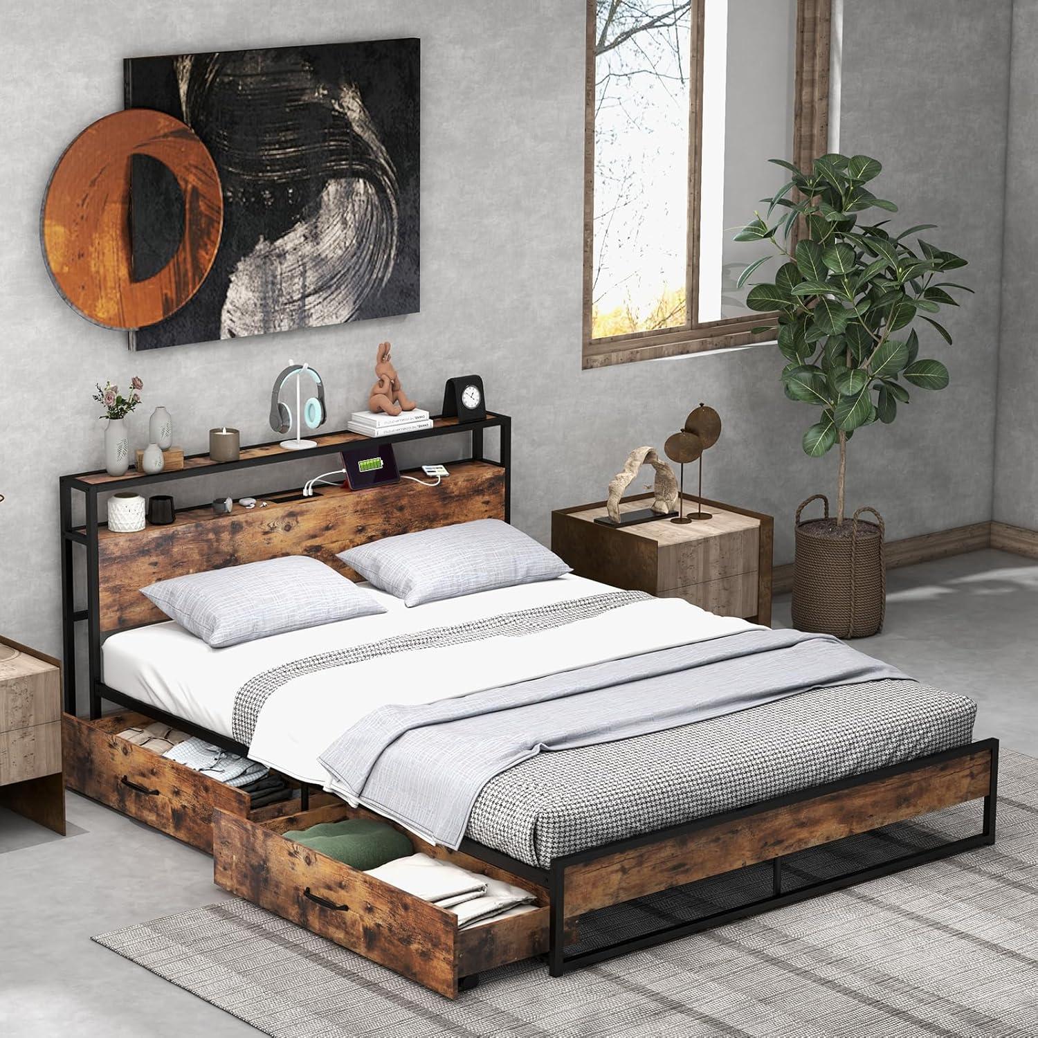 image:imageGiantex Queen Bed Frame with LED Lights Headboard and 4 Storage Drawers Metal Platform Bed with Outlets and USB Ports Charging Station Smart LED Bed Frame Easy Assembly No Box Spring NeededQueen