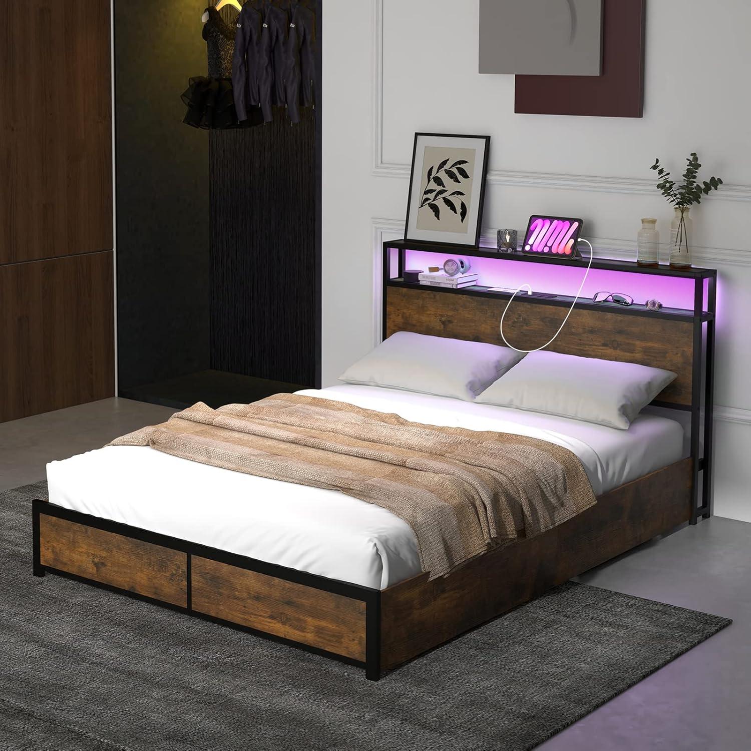 image:imageGiantex Queen Bed Frame with LED Lights Headboard and 4 Storage Drawers Metal Platform Bed with Outlets and USB Ports Charging Station Smart LED Bed Frame Easy Assembly No Box Spring NeededFull