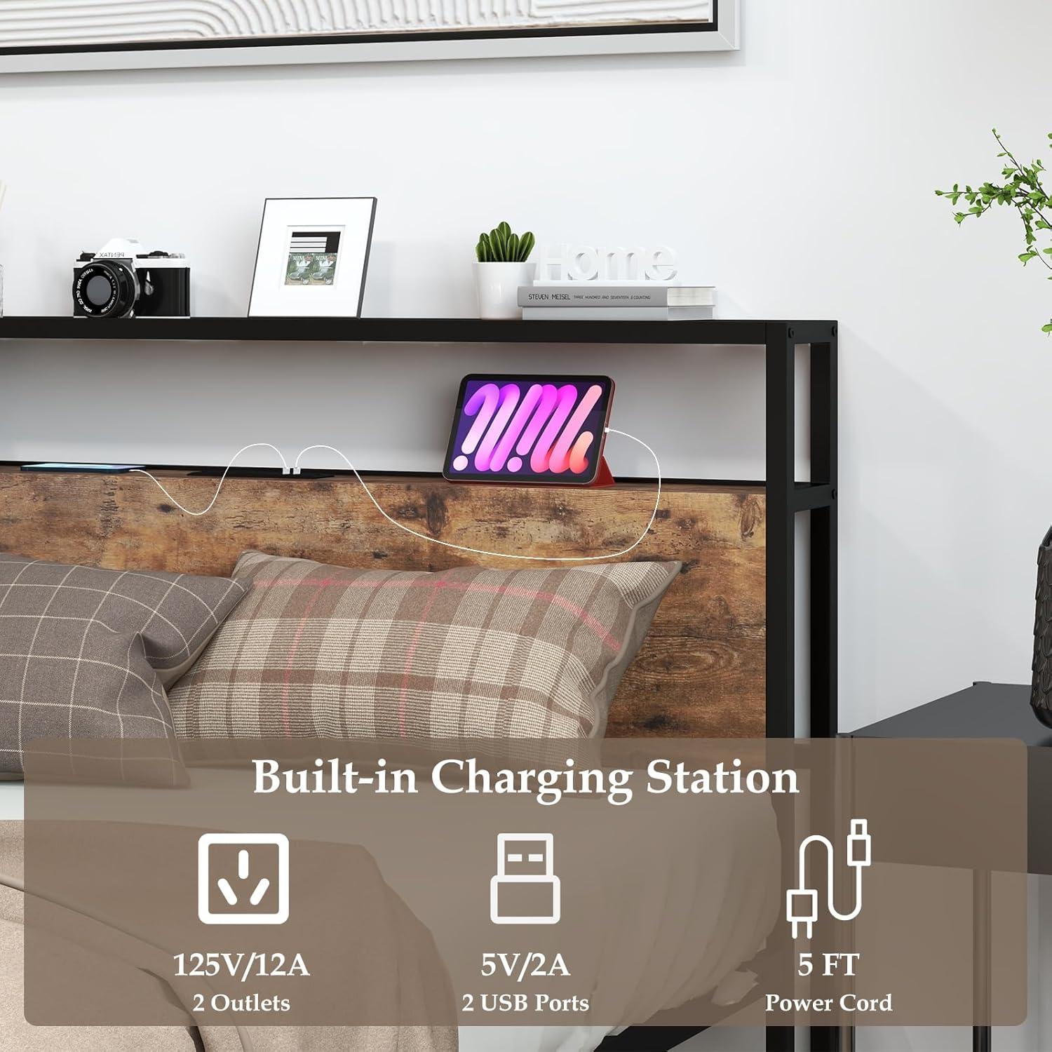 image:imageGiantex Queen Bed Frame with LED Lights Headboard and 4 Storage Drawers Metal Platform Bed with Outlets and USB Ports Charging Station Smart LED Bed Frame Easy Assembly No Box Spring NeededFull