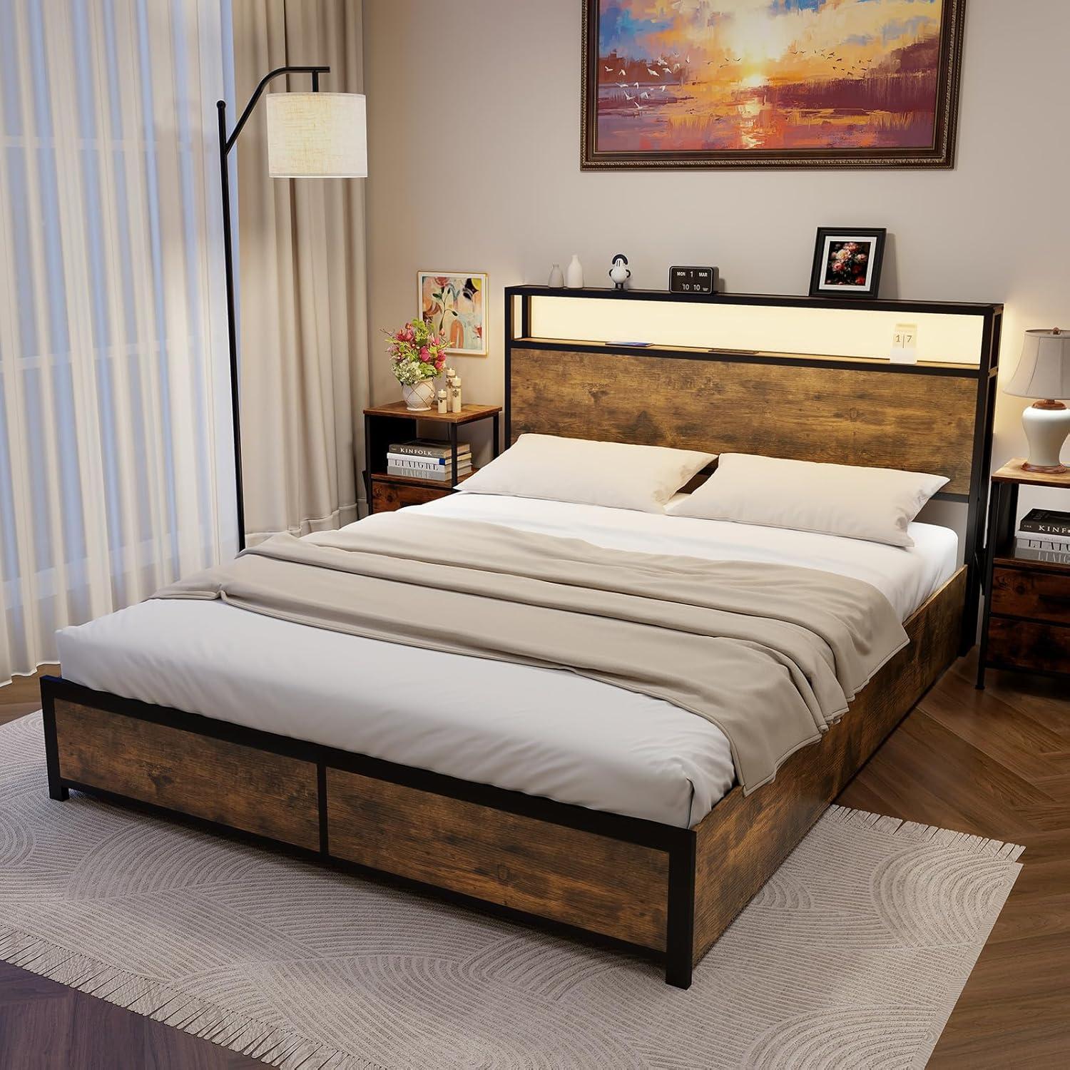 image:imageGiantex Queen Bed Frame with LED Lights Headboard and 4 Storage Drawers Metal Platform Bed with Outlets and USB Ports Charging Station Smart LED Bed Frame Easy Assembly No Box Spring NeededQueen