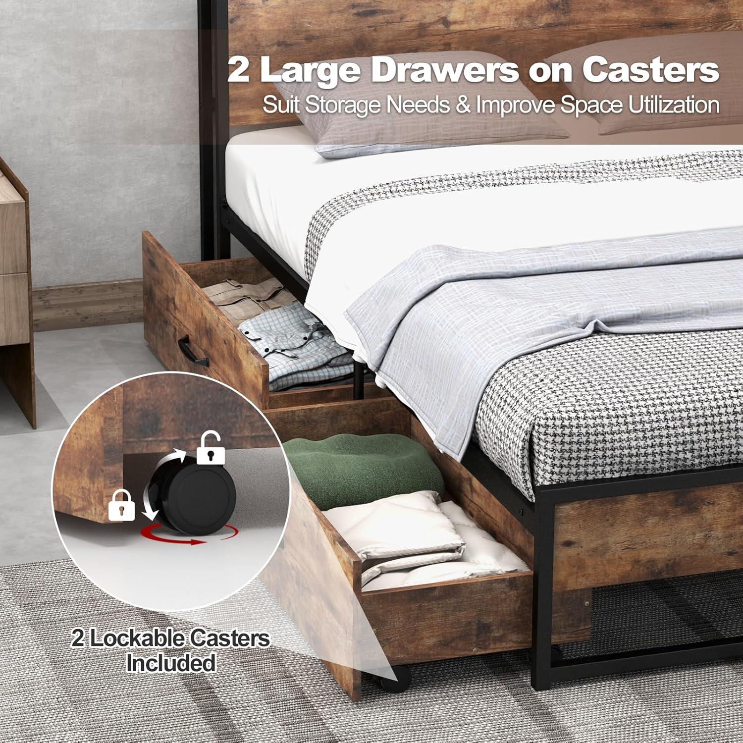 image:imageGiantex Queen Bed Frame with LED Lights Headboard and 4 Storage Drawers Metal Platform Bed with Outlets and USB Ports Charging Station Smart LED Bed Frame Easy Assembly No Box Spring NeededFull