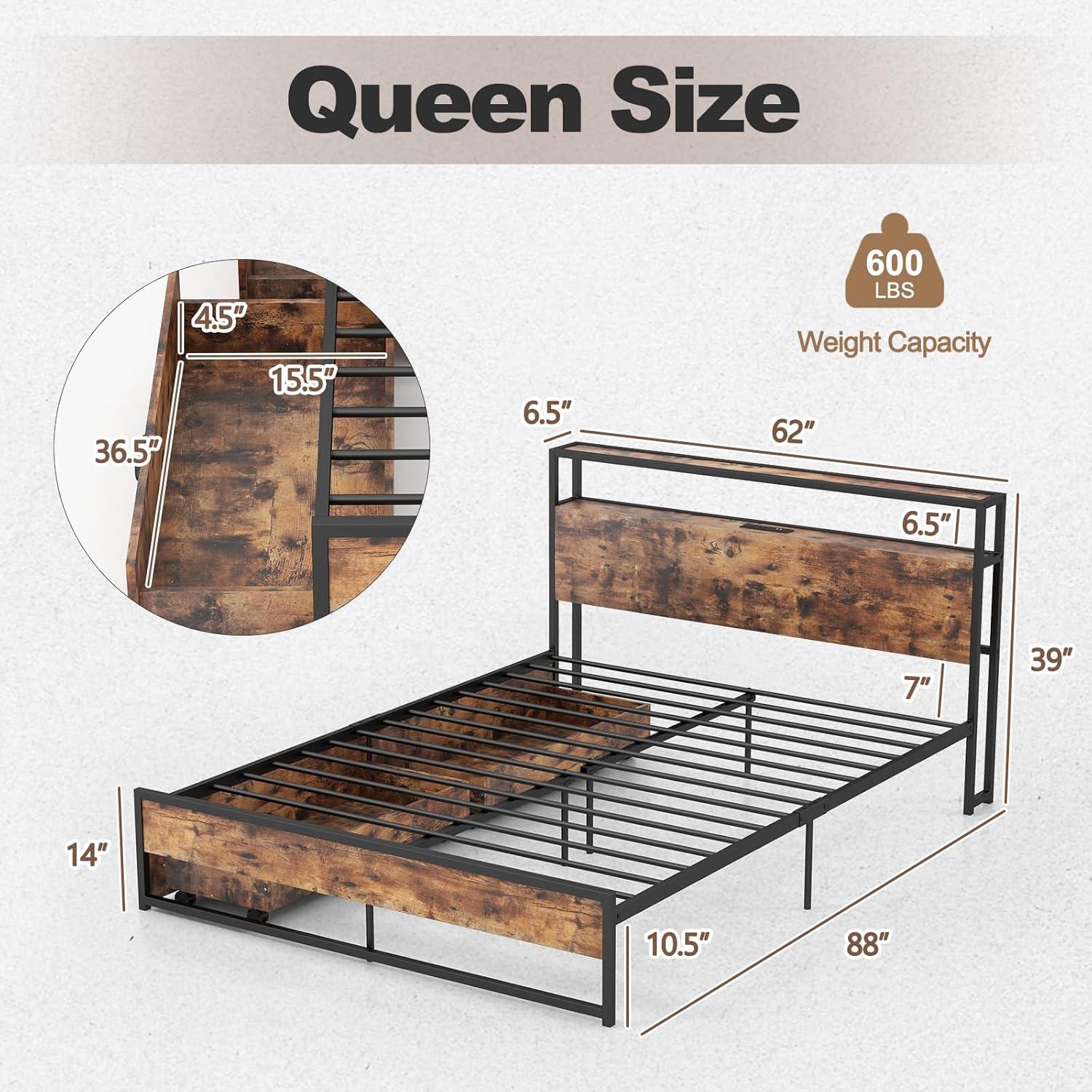 image:imageGiantex Queen Bed Frame with LED Lights Headboard and 4 Storage Drawers Metal Platform Bed with Outlets and USB Ports Charging Station Smart LED Bed Frame Easy Assembly No Box Spring NeededQueen