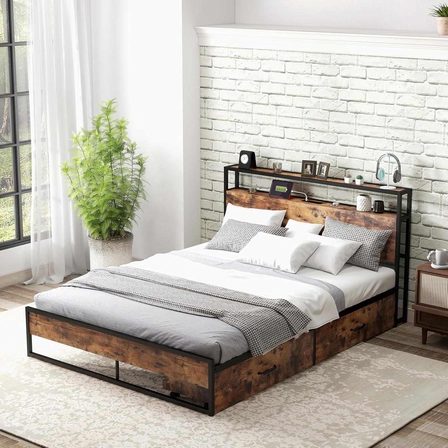 image:imageGiantex Queen Bed Frame with LED Lights Headboard and 4 Storage Drawers Metal Platform Bed with Outlets and USB Ports Charging Station Smart LED Bed Frame Easy Assembly No Box Spring NeededQueen