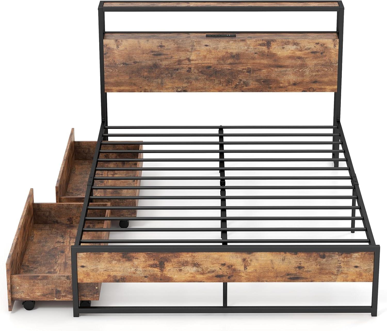 image:imageGiantex Queen Bed Frame with LED Lights Headboard and 4 Storage Drawers Metal Platform Bed with Outlets and USB Ports Charging Station Smart LED Bed Frame Easy Assembly No Box Spring NeededFull