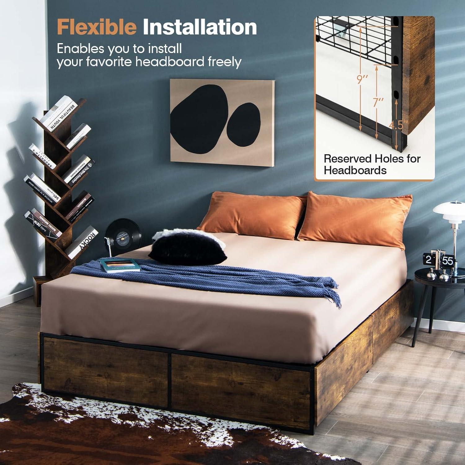 image:imageGiantex Queen Bed Frame with LED Lights Headboard and 4 Storage Drawers Metal Platform Bed with Outlets and USB Ports Charging Station Smart LED Bed Frame Easy Assembly No Box Spring NeededFull