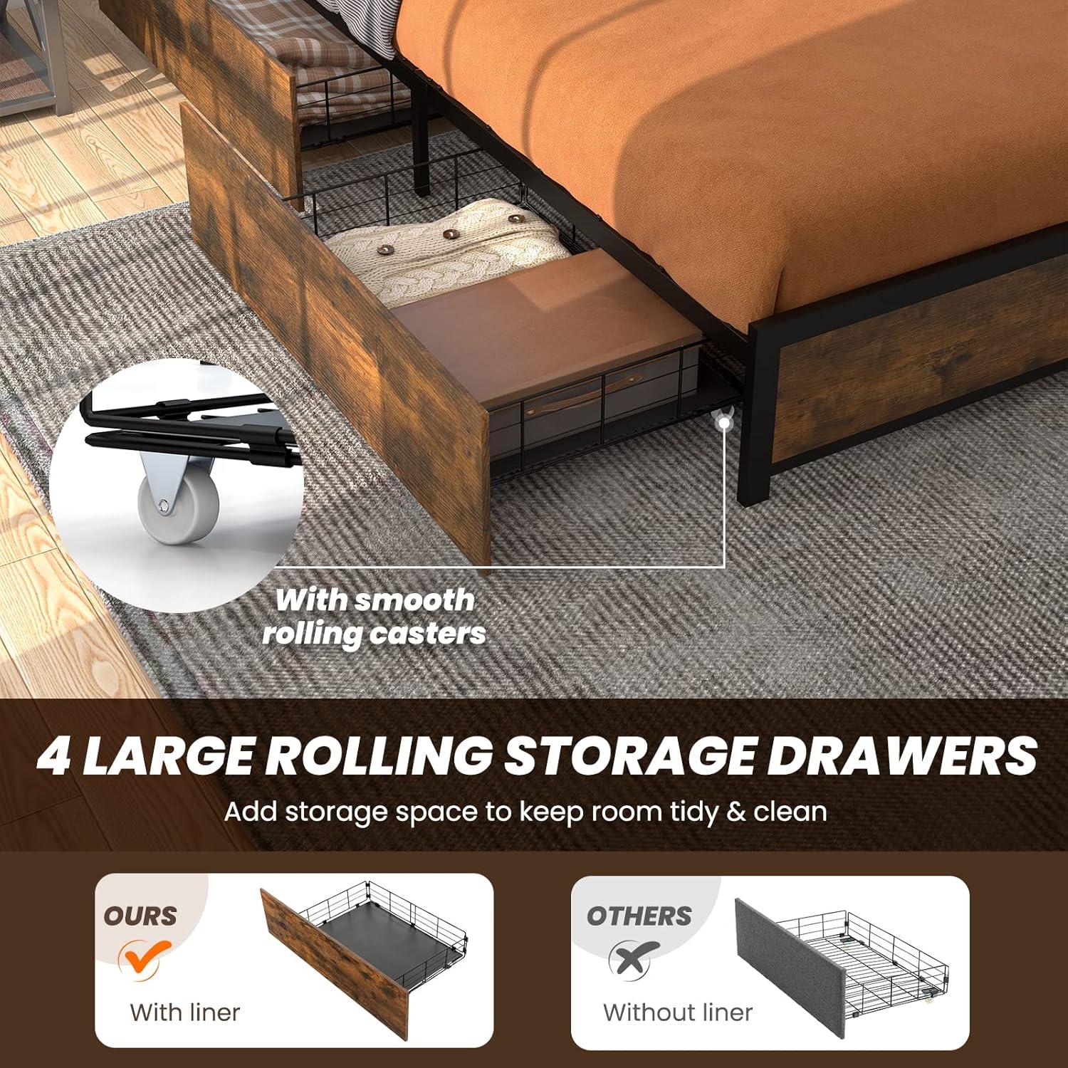 image:imageGiantex Queen Bed Frame with LED Lights Headboard and 4 Storage Drawers Metal Platform Bed with Outlets and USB Ports Charging Station Smart LED Bed Frame Easy Assembly No Box Spring NeededFull