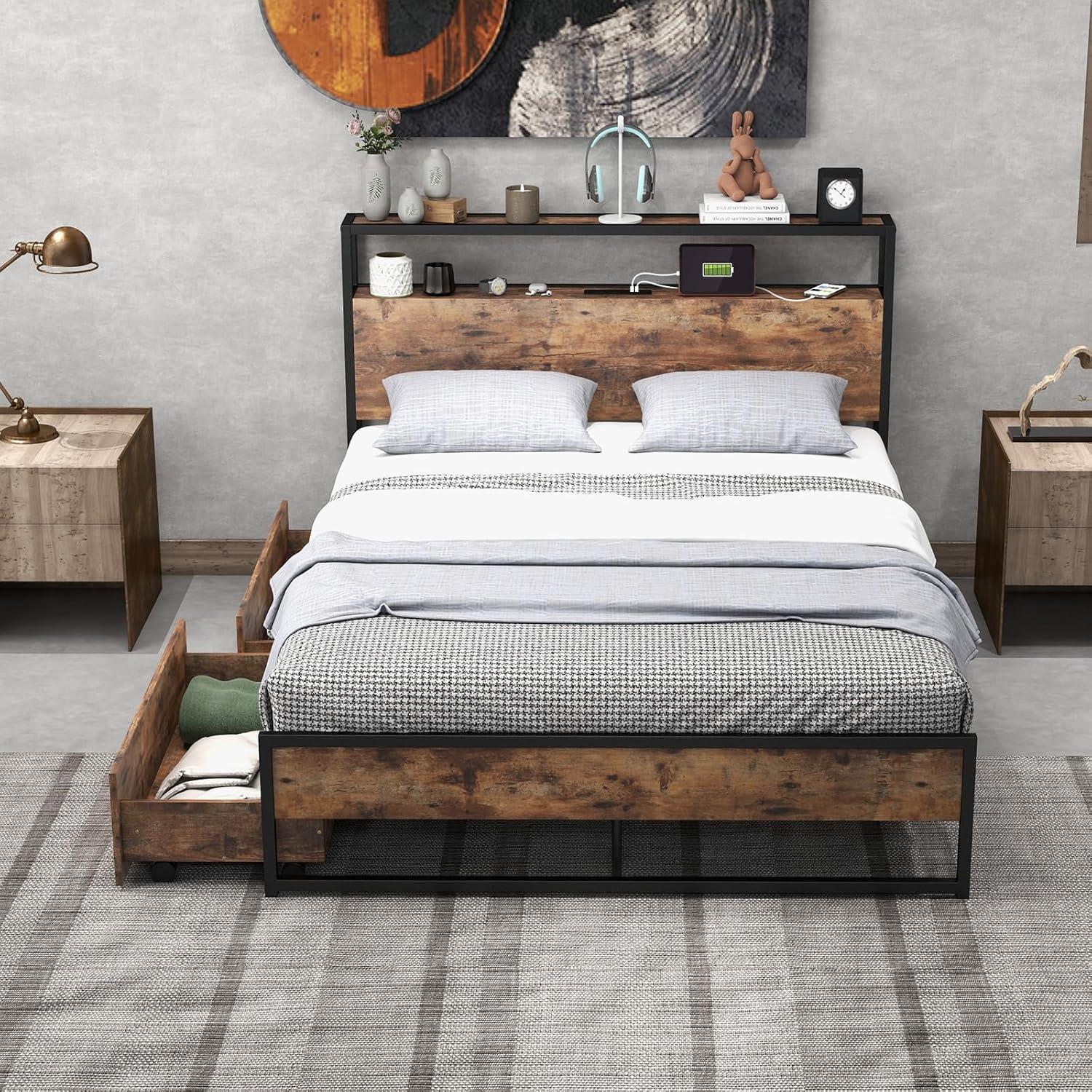 image:imageGiantex Queen Bed Frame with LED Lights Headboard and 4 Storage Drawers Metal Platform Bed with Outlets and USB Ports Charging Station Smart LED Bed Frame Easy Assembly No Box Spring NeededFull