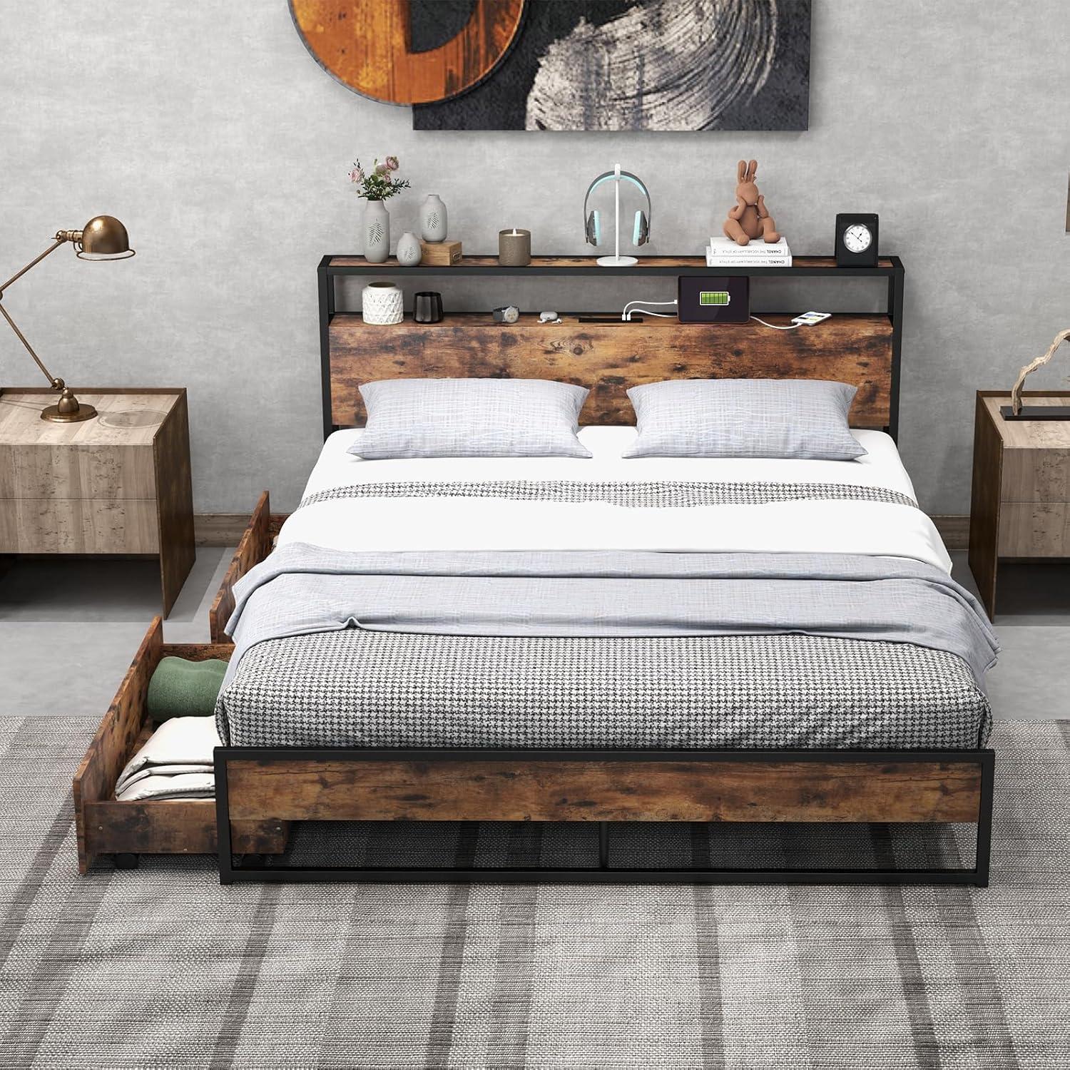 image:imageGiantex Queen Bed Frame with LED Lights Headboard and 4 Storage Drawers Metal Platform Bed with Outlets and USB Ports Charging Station Smart LED Bed Frame Easy Assembly No Box Spring NeededQueen