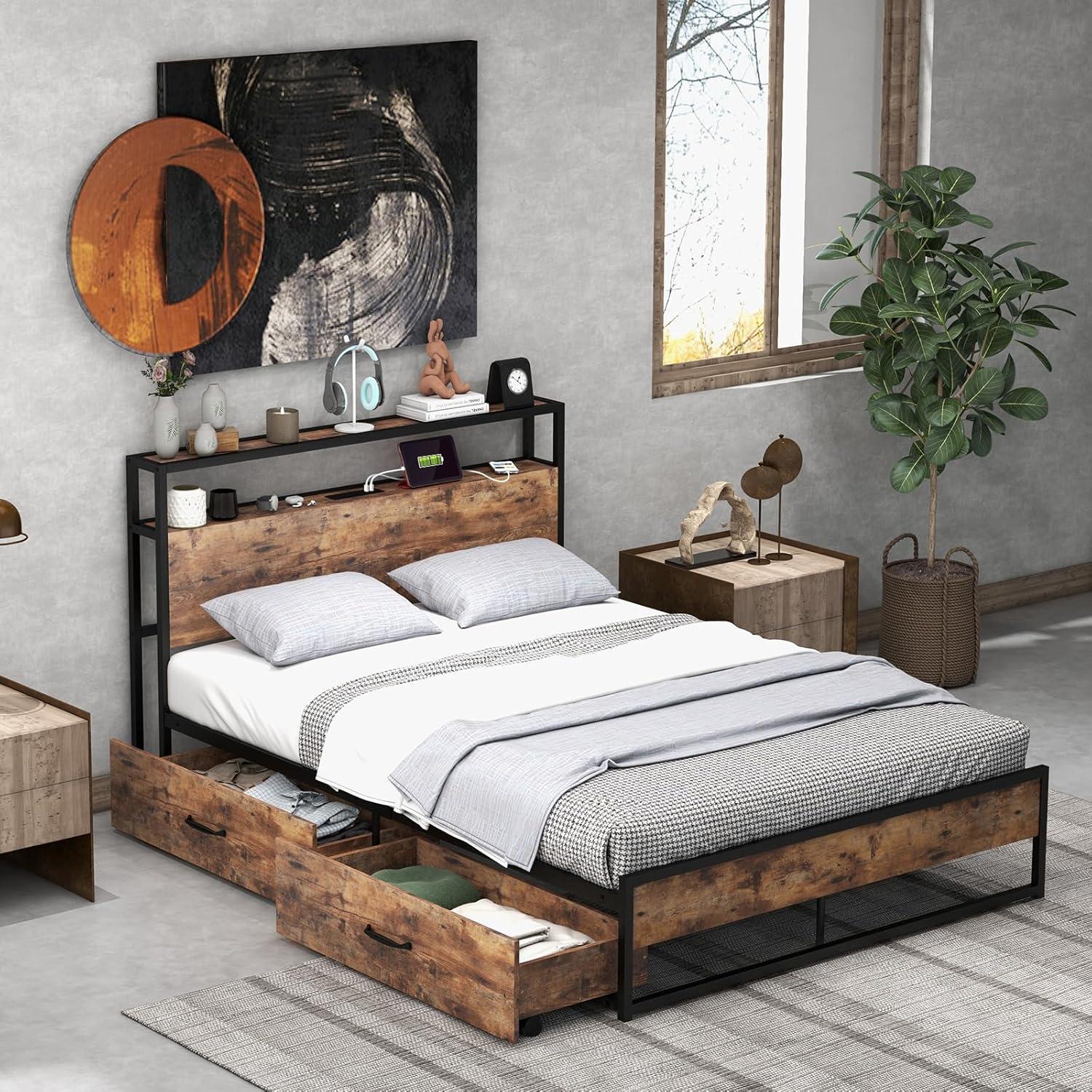image:imageGiantex Queen Bed Frame with LED Lights Headboard and 4 Storage Drawers Metal Platform Bed with Outlets and USB Ports Charging Station Smart LED Bed Frame Easy Assembly No Box Spring NeededFull