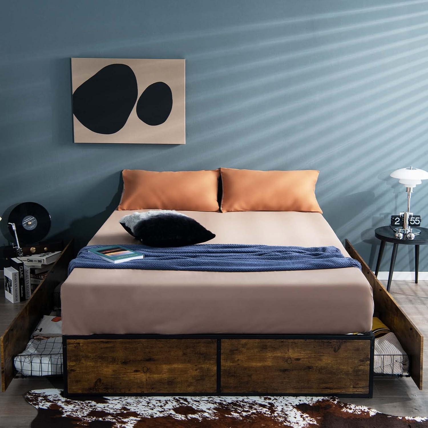 image:imageGiantex Queen Bed Frame with LED Lights Headboard and 4 Storage Drawers Metal Platform Bed with Outlets and USB Ports Charging Station Smart LED Bed Frame Easy Assembly No Box Spring NeededQueen