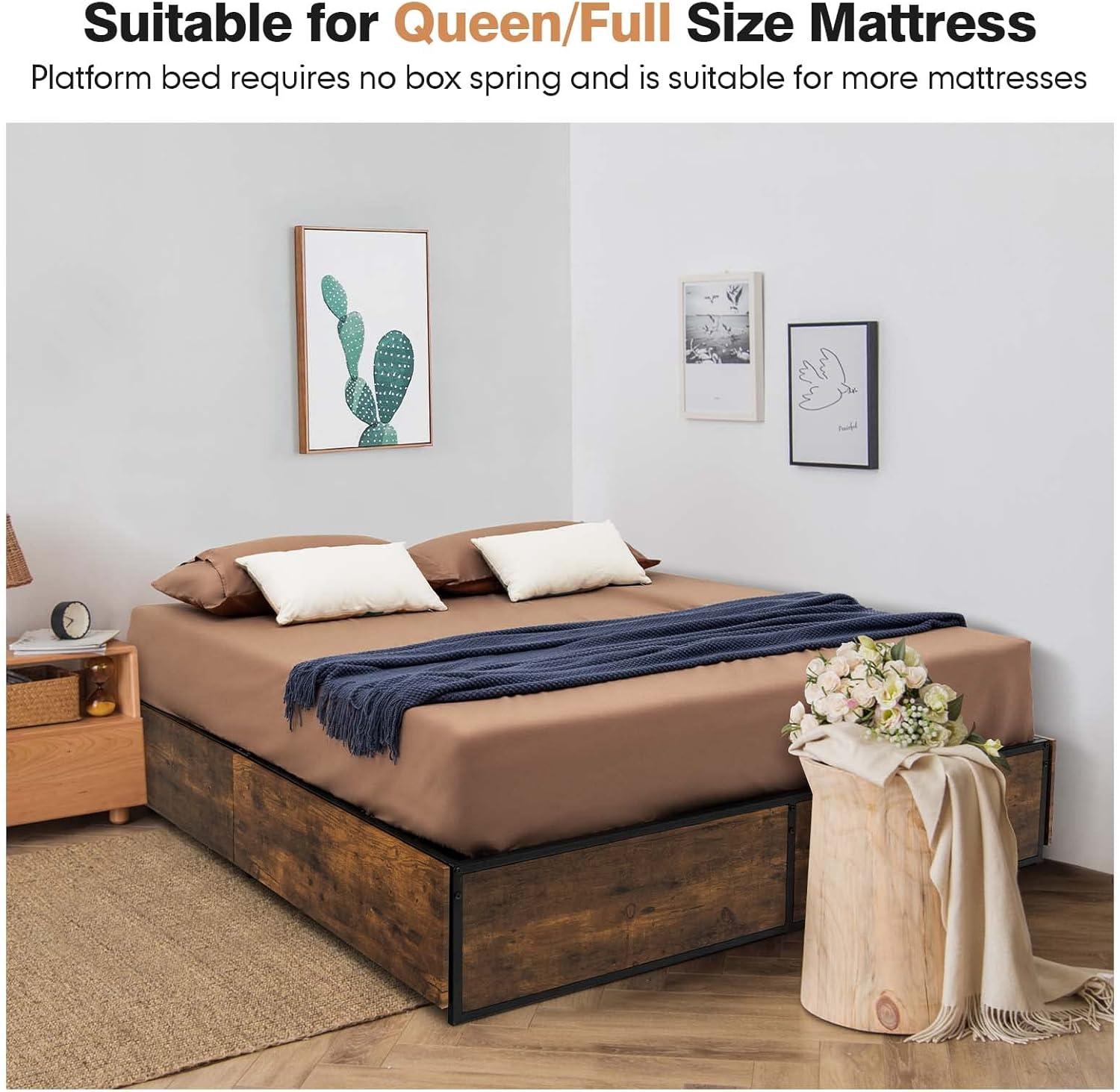 image:imageGiantex Queen Bed Frame with LED Lights Headboard and 4 Storage Drawers Metal Platform Bed with Outlets and USB Ports Charging Station Smart LED Bed Frame Easy Assembly No Box Spring NeededFull