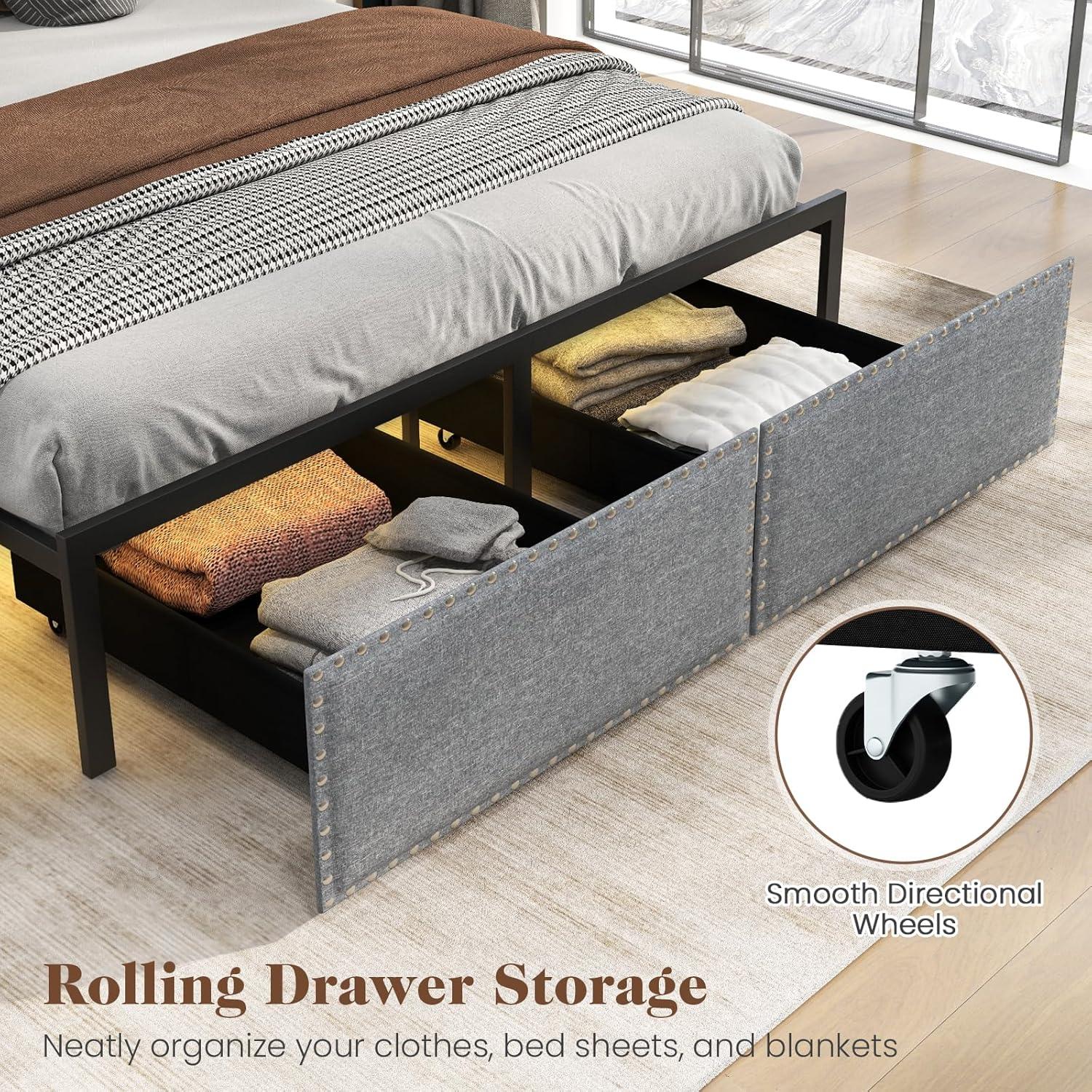 image:imageGiantex Queen Bed Frame with LED Lights and 2 Storage Drawers Upholstered LED Platform Bed with Linen Fabric Headboard Metal Slats Support No Box Spring Needed Light up Bed Frame GreyFull