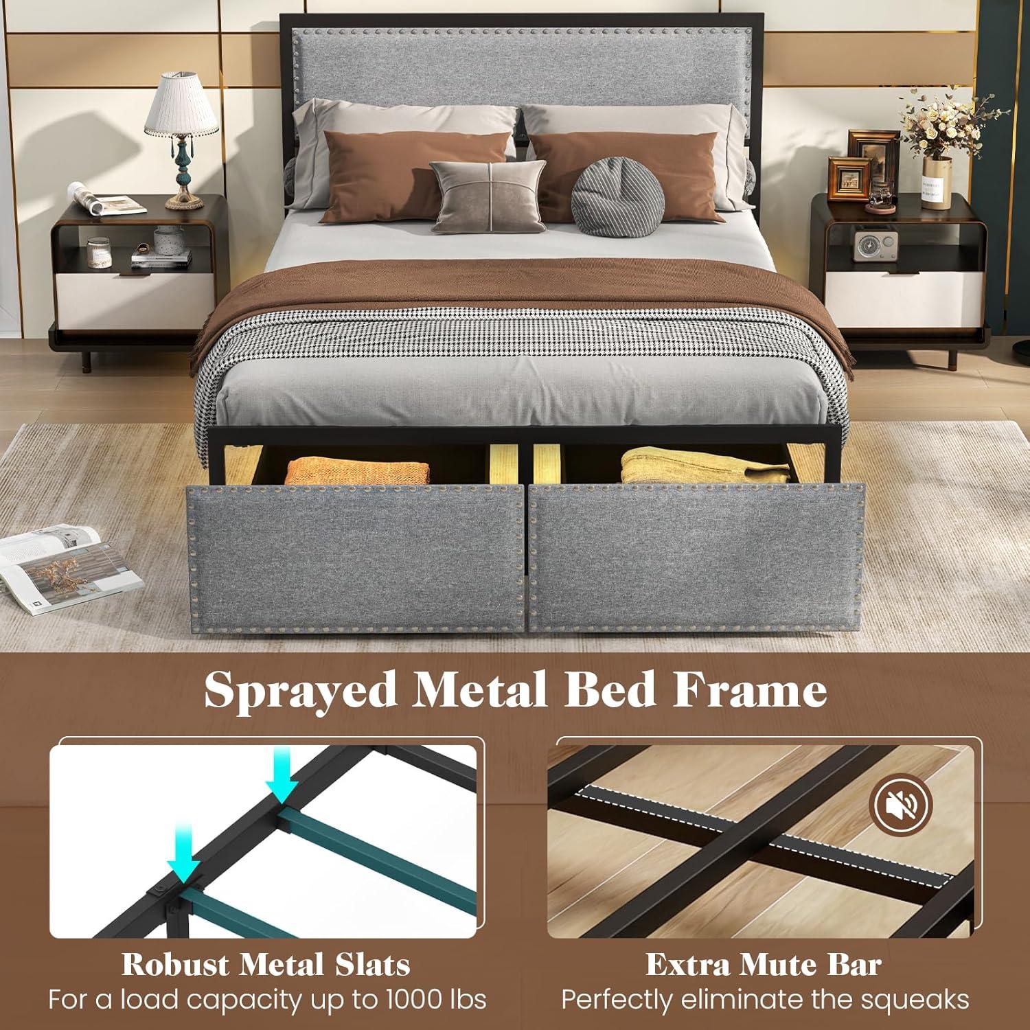 image:imageGiantex Queen Bed Frame with LED Lights and 2 Storage Drawers Upholstered LED Platform Bed with Linen Fabric Headboard Metal Slats Support No Box Spring Needed Light up Bed Frame GreyFull